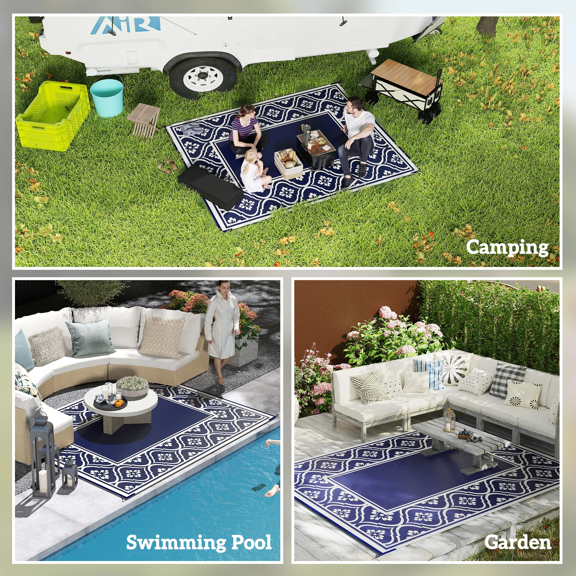 Reversible Outdoor RV Rug with Carry Bag, 8' x 10' Patio Floor Mat, Plastic Straw Rug for Backyard, Deck, Picnic, Beach, Camping, Gourd Border, Blue and White - Image 7