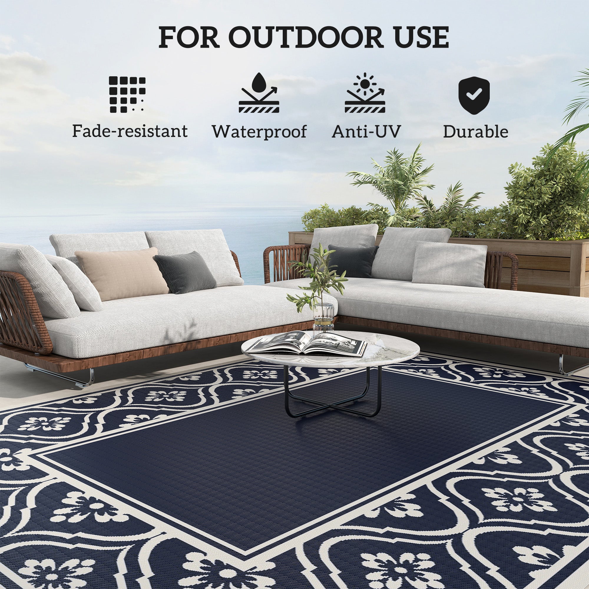 Reversible Outdoor RV Rug with Carry Bag, 8' x 10' Patio Floor Mat, Plastic Straw Rug for Backyard, Deck, Picnic, Beach, Camping, Gourd Border, Blue and White - Image 8