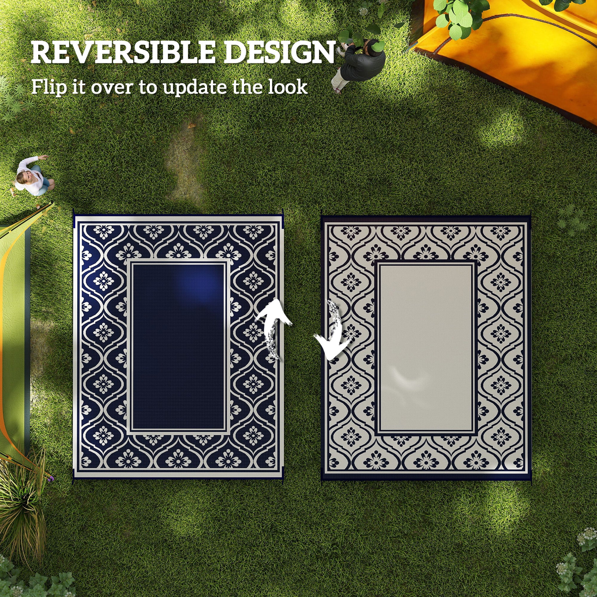 Reversible Outdoor RV Rug with Carry Bag, 8' x 10' Patio Floor Mat, Plastic Straw Rug for Backyard, Deck, Picnic, Beach, Camping, Gourd Border, Blue and White - Image 9