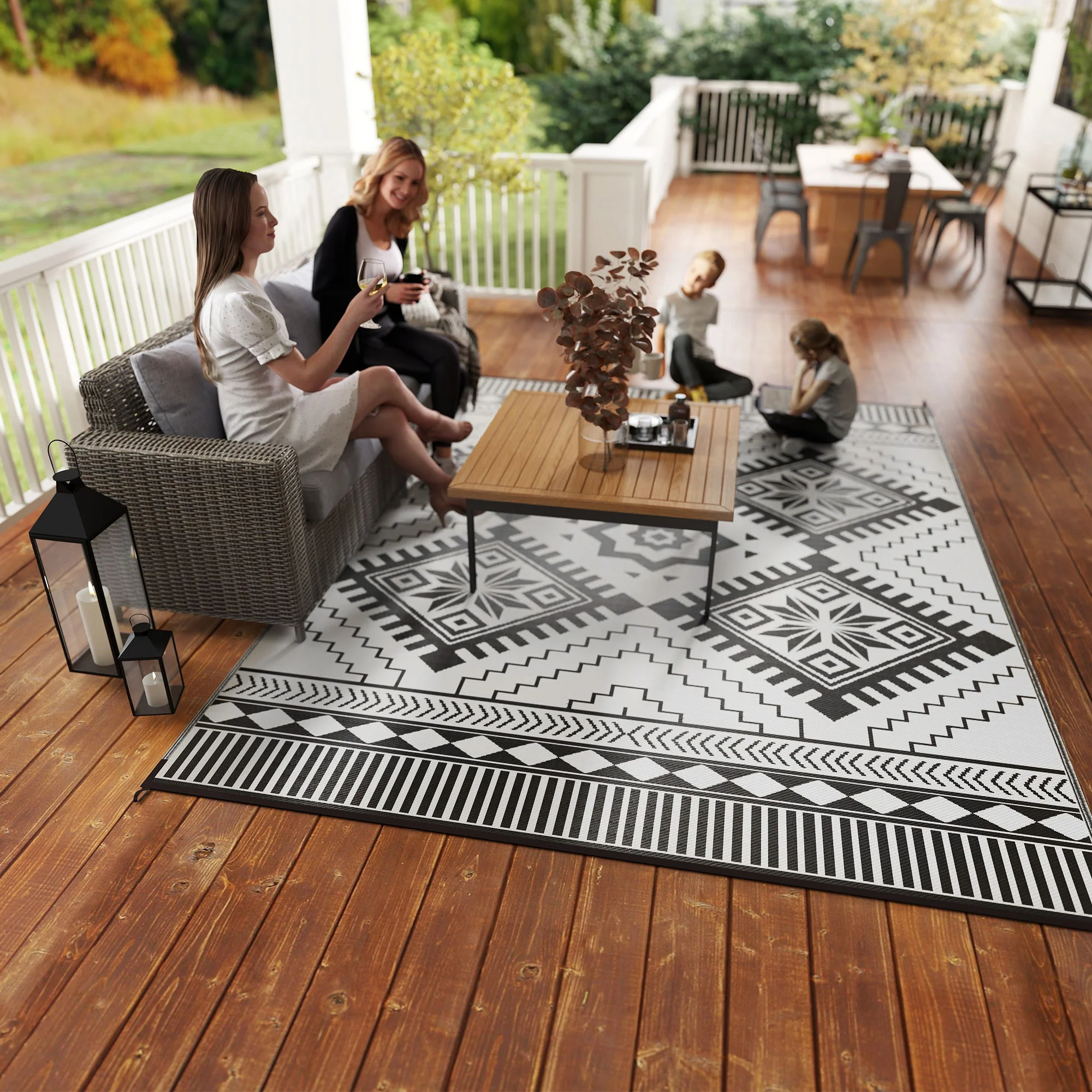 9' x 12' Patio Reversible Outdoor RV Rug with Carry Bag, Toothed Rhombus, White & Black - Image 11
