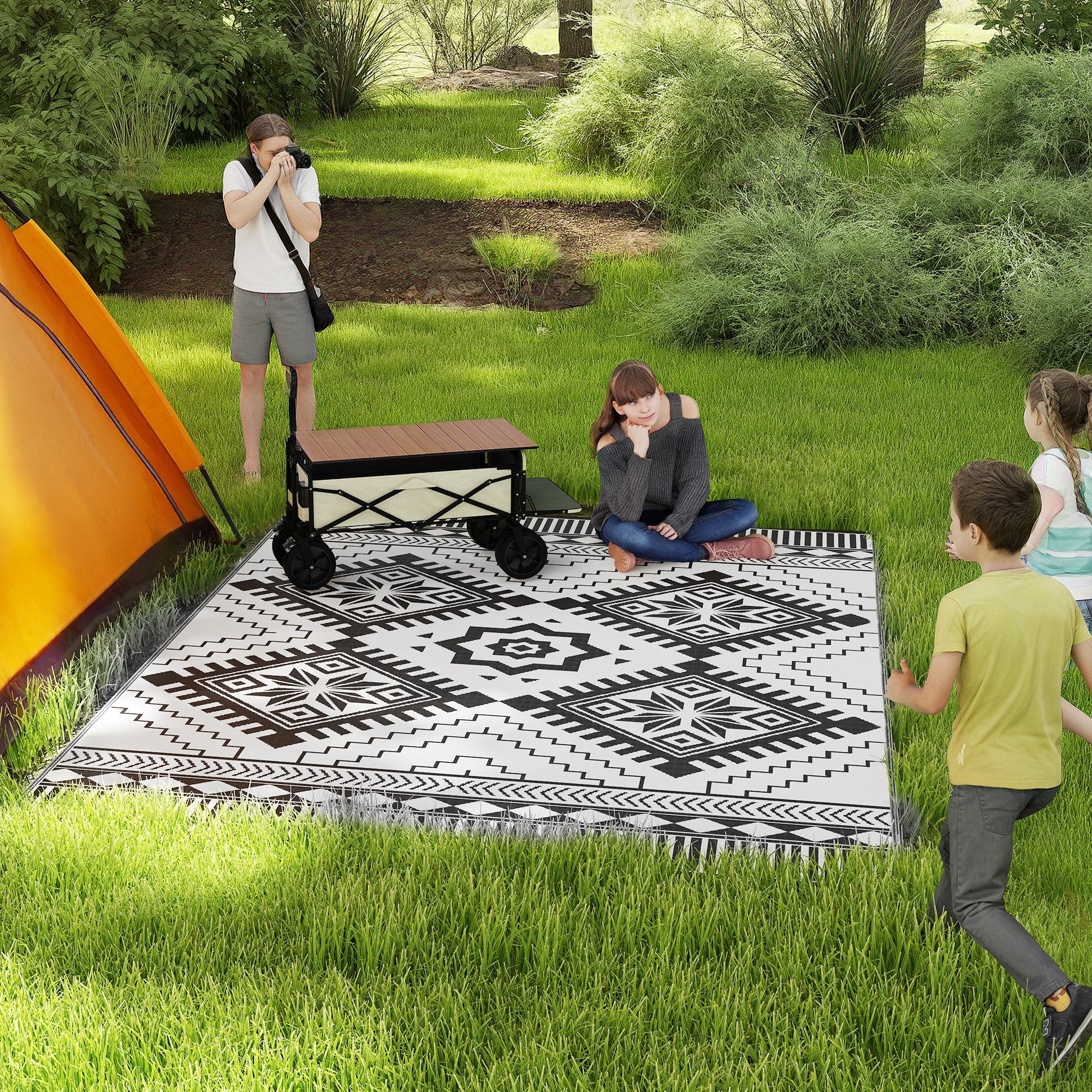 9' x 12' Patio Reversible Outdoor RV Rug with Carry Bag, Toothed Rhombus, White & Black - Image 3