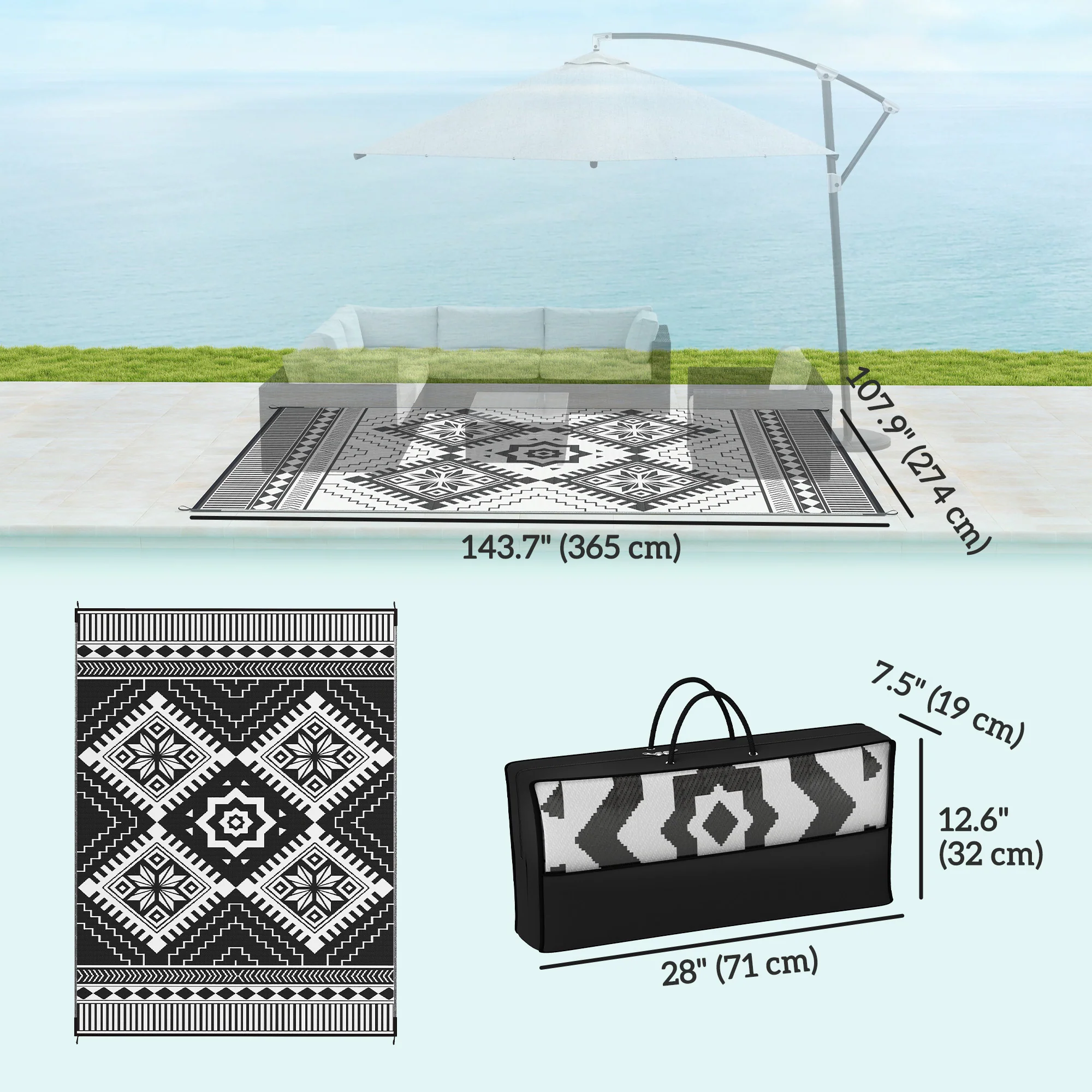 9' x 12' Patio Reversible Outdoor RV Rug with Carry Bag, Toothed Rhombus, White & Black - Image 5