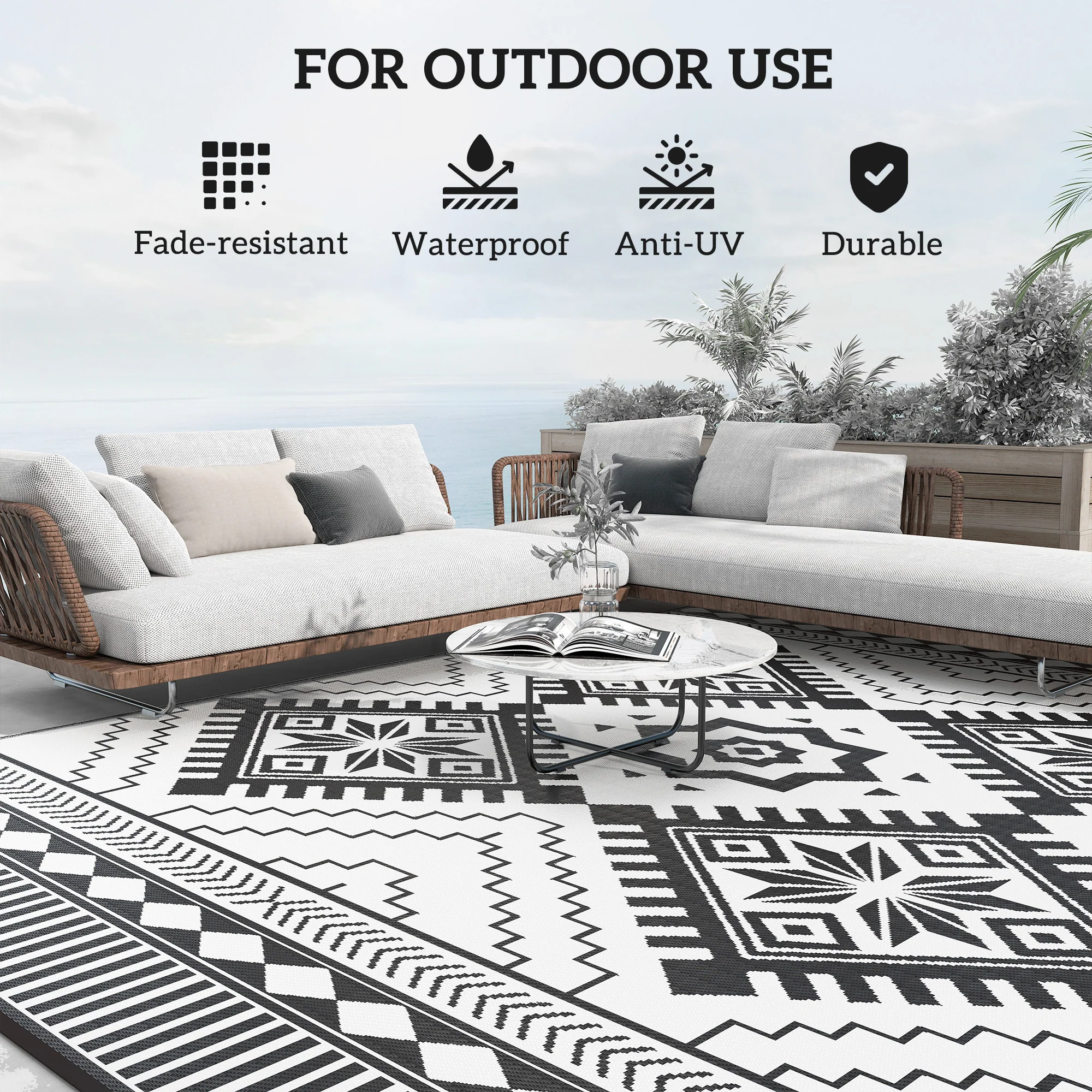9' x 12' Patio Reversible Outdoor RV Rug with Carry Bag, Toothed Rhombus, White & Black - Image 8