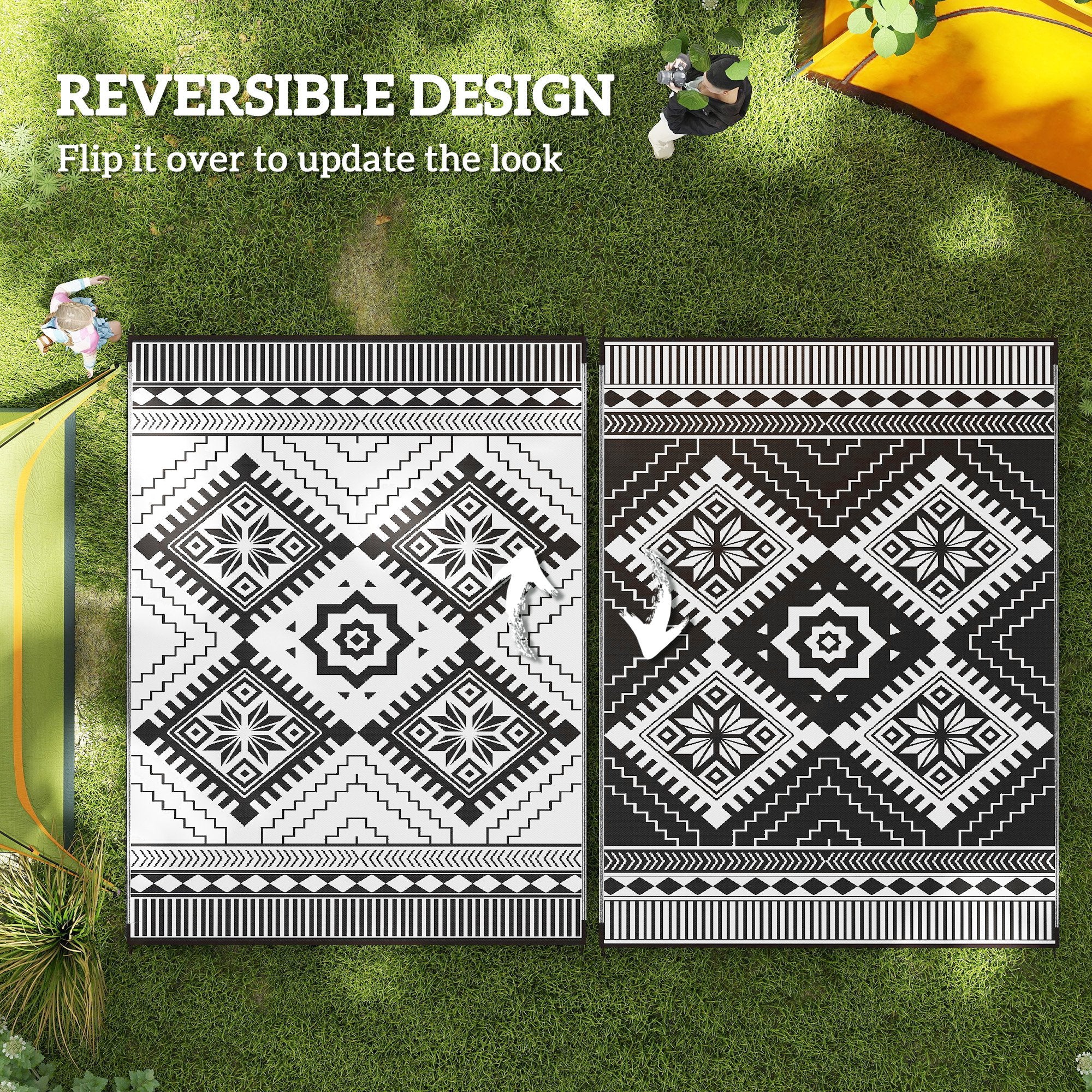9' x 12' Patio Reversible Outdoor RV Rug with Carry Bag, Toothed Rhombus, White & Black - Image 9