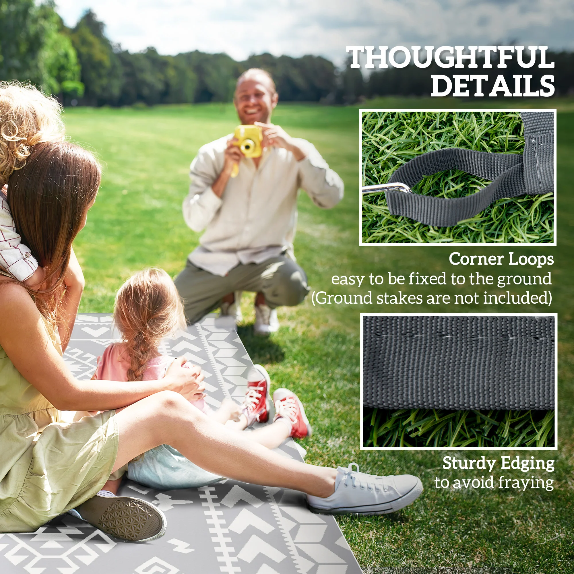 9' x 12'  Patio Reversible Outdoor RV Rug with Carry Bag, Rhombus Patchwork, White & Grey - Image 10