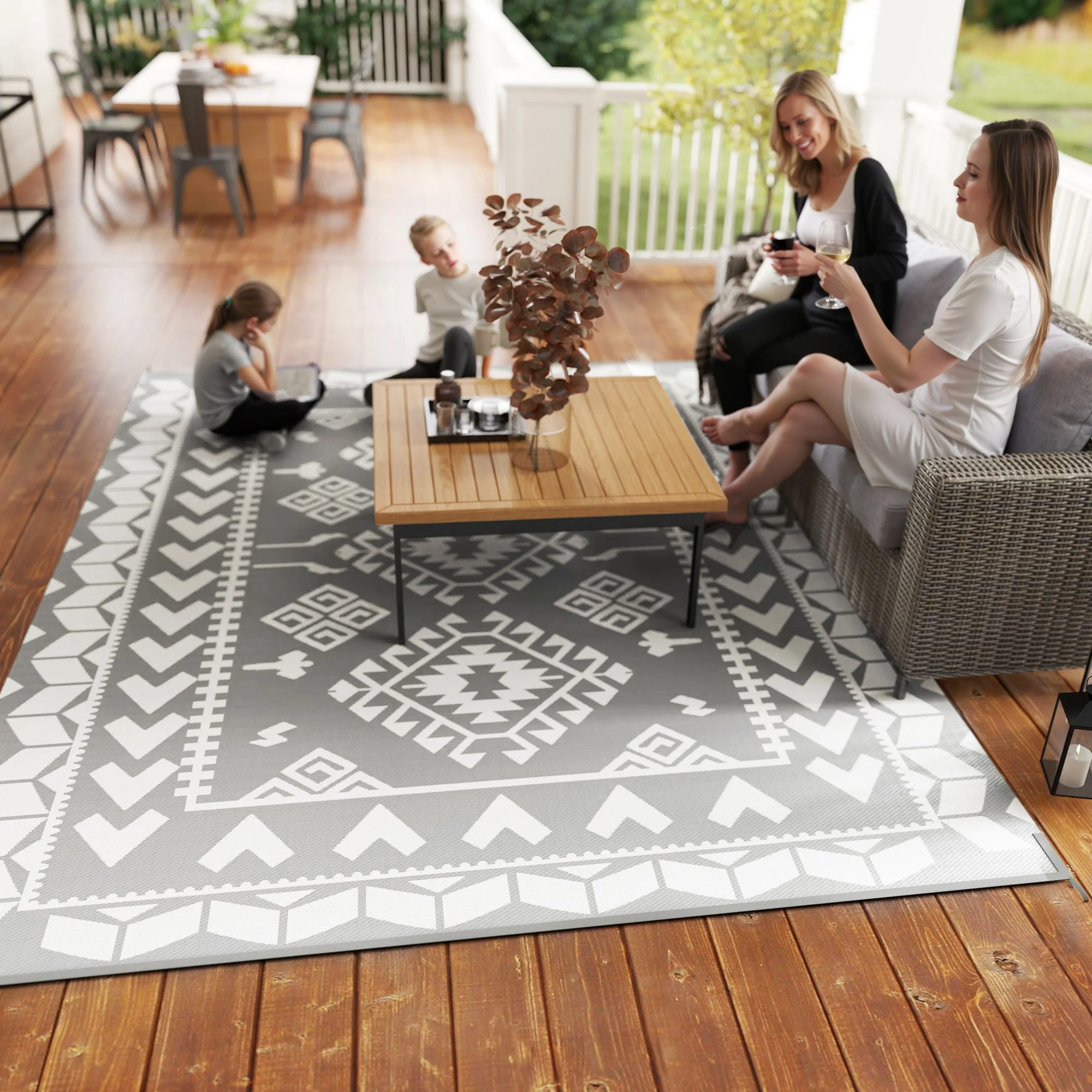 9' x 12'  Patio Reversible Outdoor RV Rug with Carry Bag, Rhombus Patchwork, White & Grey - Image 11