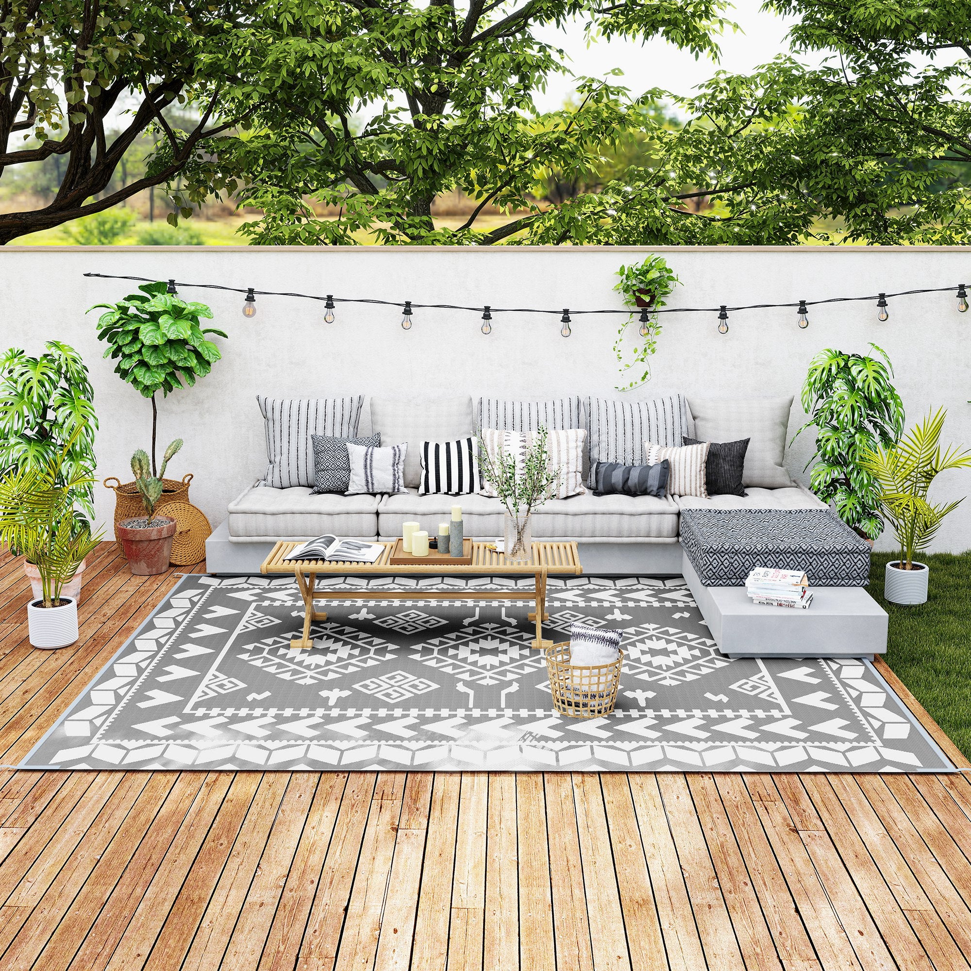 9' x 12'  Patio Reversible Outdoor RV Rug with Carry Bag, Rhombus Patchwork, White & Grey - Image 2