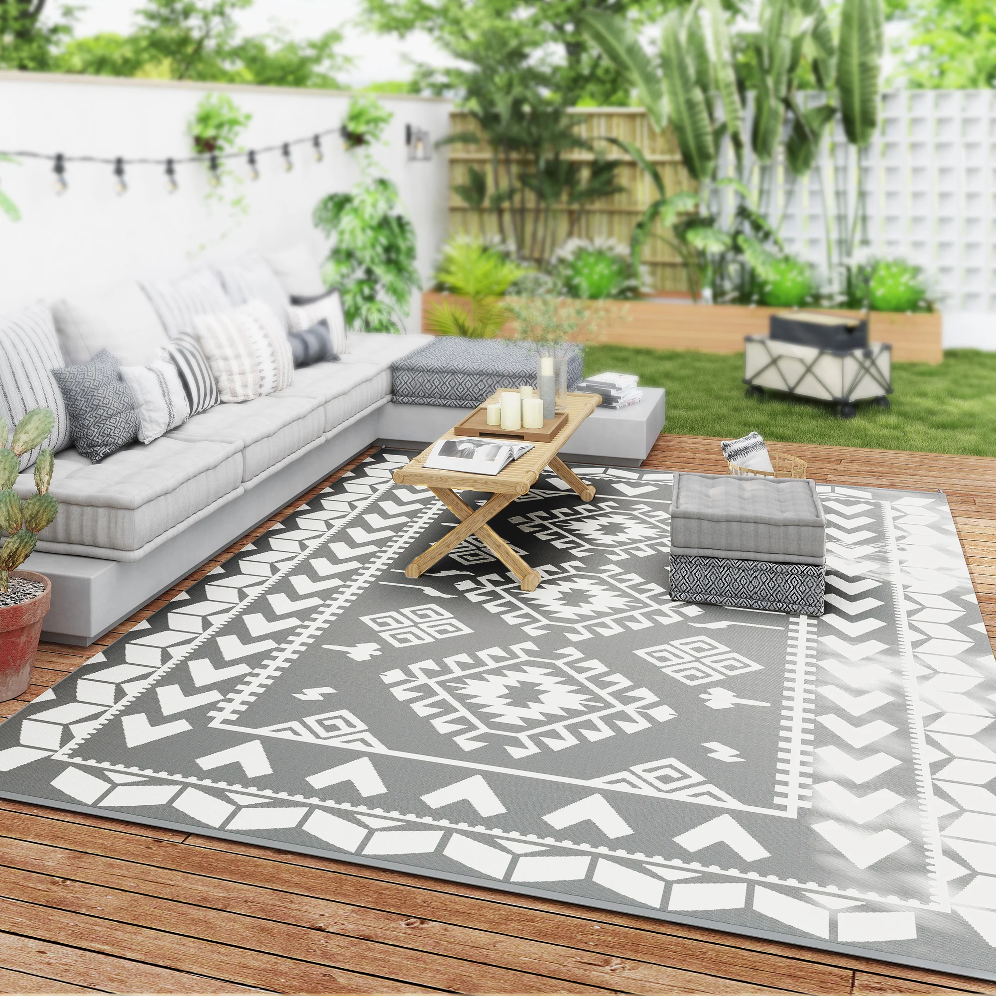 9' x 12'  Patio Reversible Outdoor RV Rug with Carry Bag, Rhombus Patchwork, White & Grey - Image 4