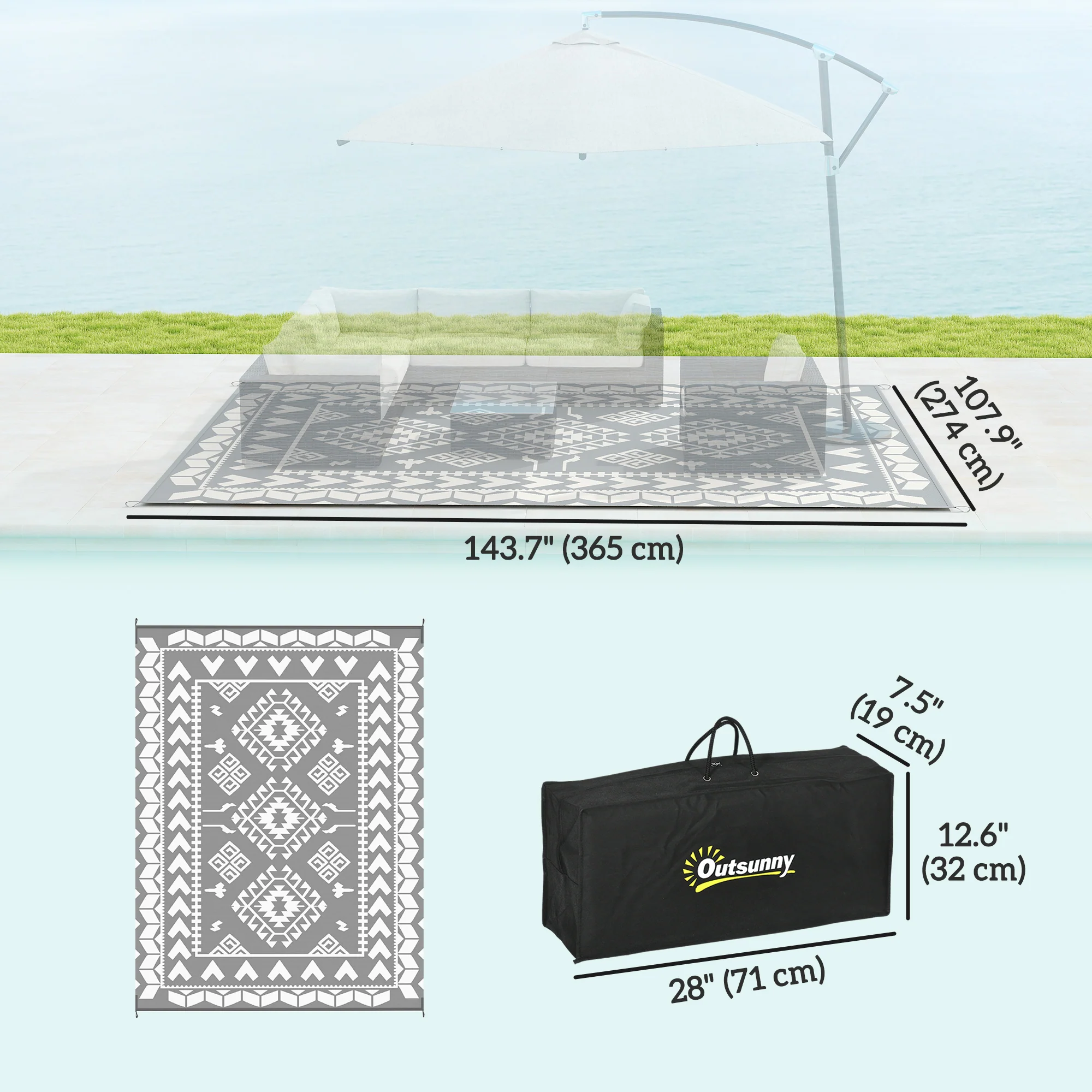 9' x 12'  Patio Reversible Outdoor RV Rug with Carry Bag, Rhombus Patchwork, White & Grey - Image 5