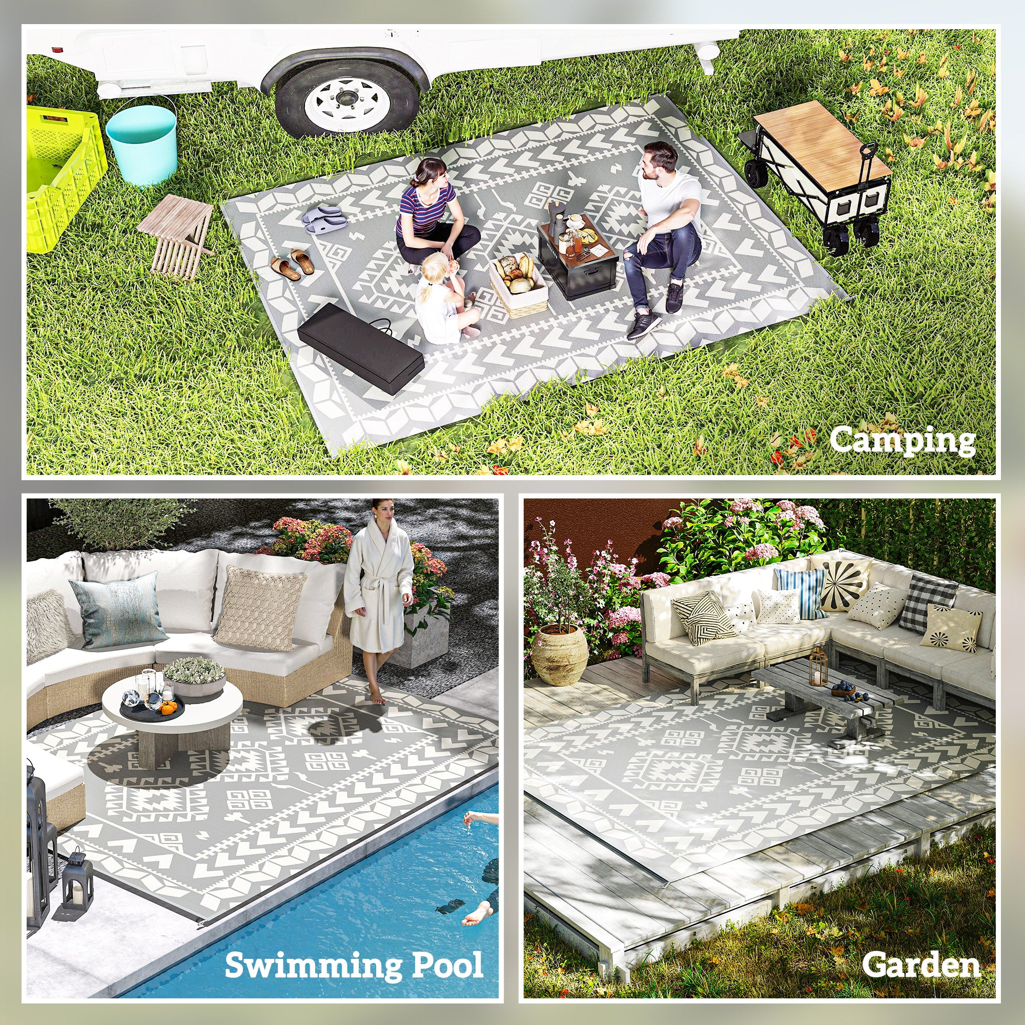 9' x 12'  Patio Reversible Outdoor RV Rug with Carry Bag, Rhombus Patchwork, White & Grey - Image 7