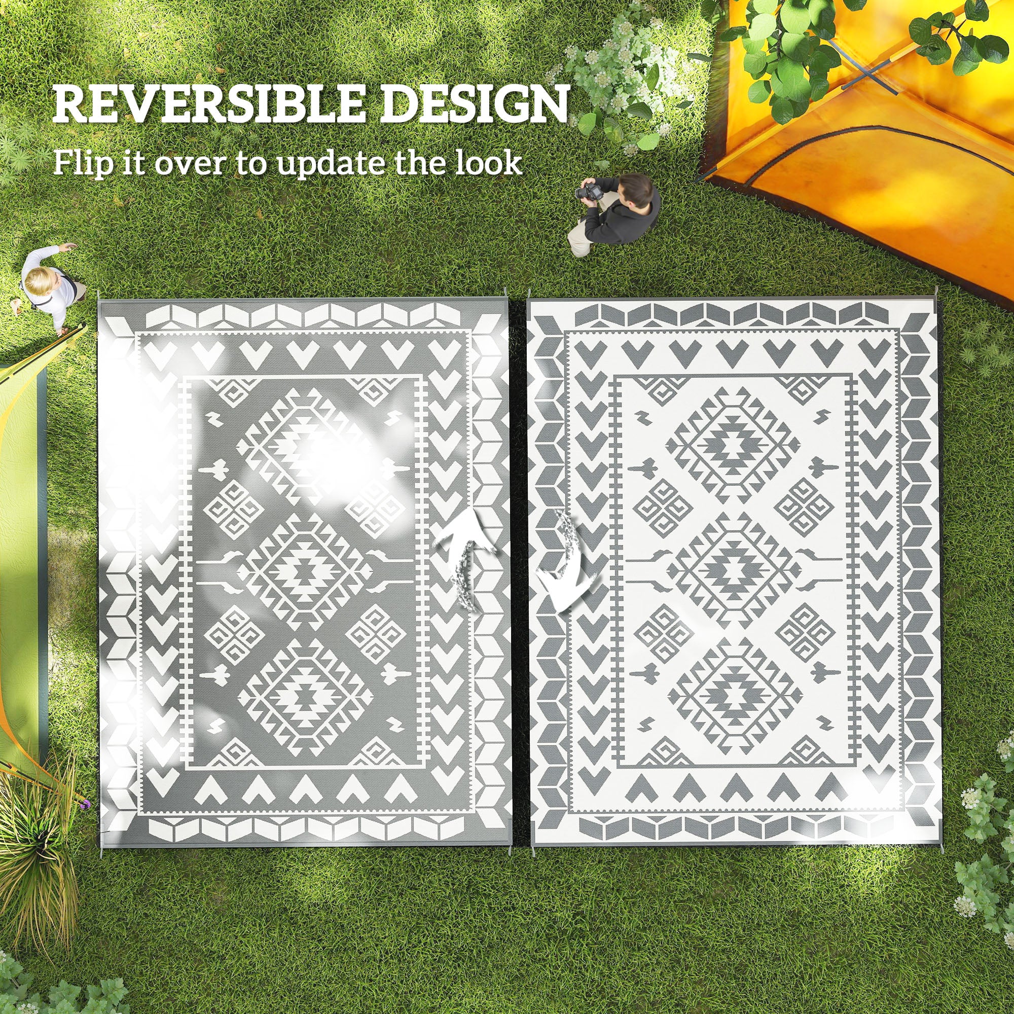 9' x 12'  Patio Reversible Outdoor RV Rug with Carry Bag, Rhombus Patchwork, White & Grey - Image 9