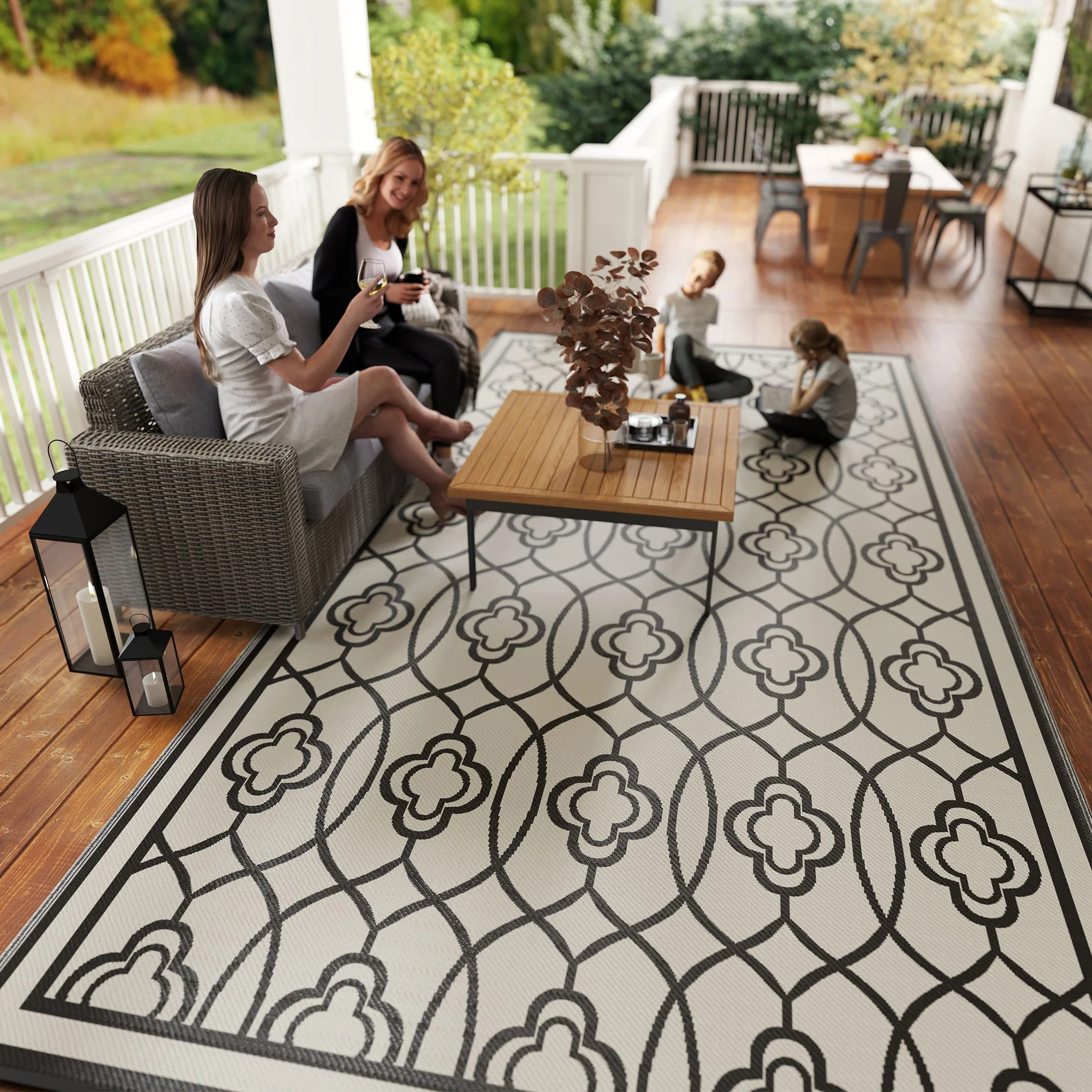 9' x 18' Patio Reversible Outdoor RV Rug with Carry Bag, Lantern, White & Black - Image 11
