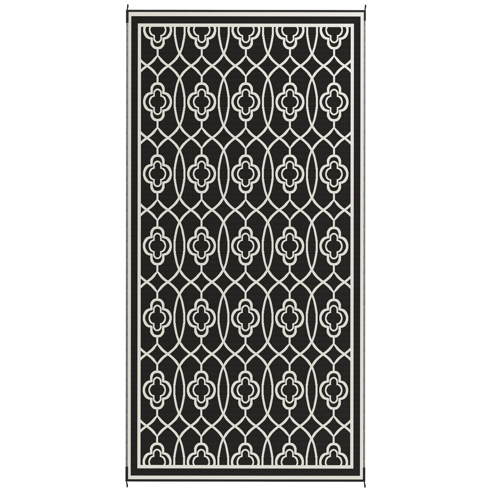9' x 18' Patio Reversible Outdoor RV Rug with Carry Bag, Lantern, White & Black - Image 2