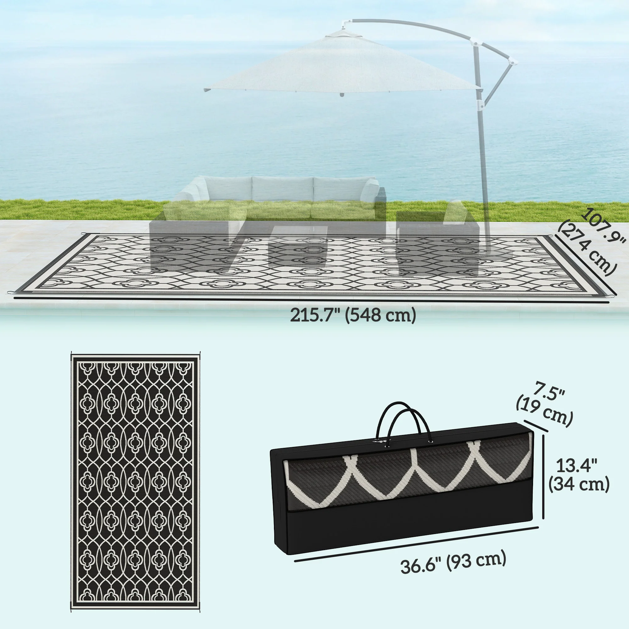 9' x 18' Patio Reversible Outdoor RV Rug with Carry Bag, Lantern, White & Black - Image 5