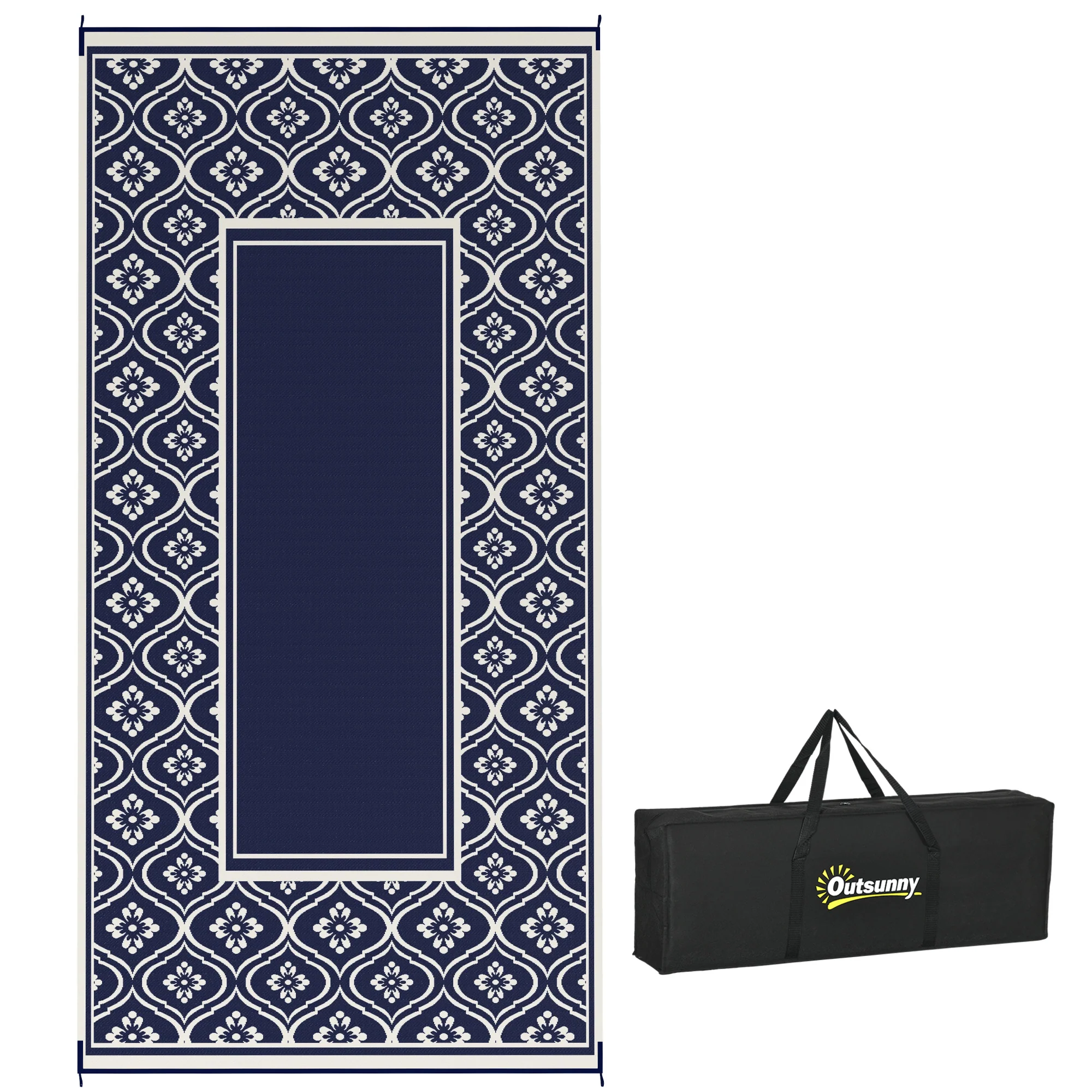 9' x 18' Patio Reversible Outdoor RV Rug with Carry Bag, Gourd Border, White & Blue
