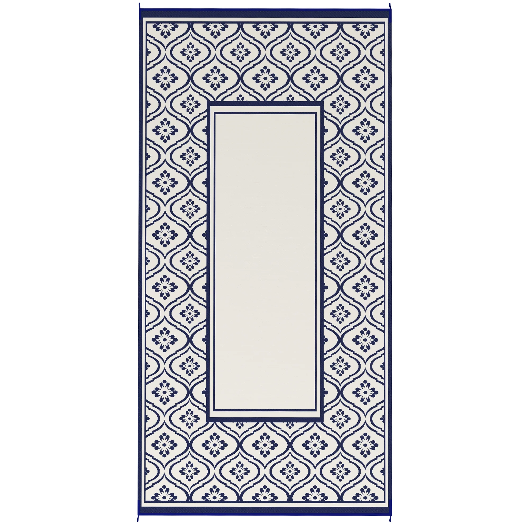 9' x 18' Patio Reversible Outdoor RV Rug with Carry Bag, Gourd Border, White & Blue - Image 2