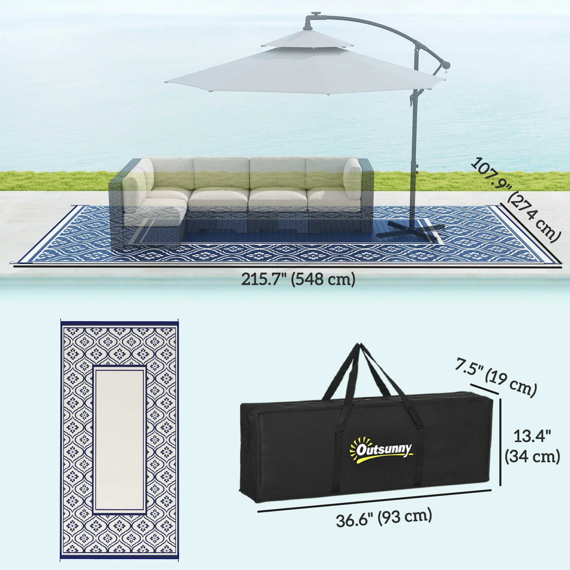 9' x 18' Patio Reversible Outdoor RV Rug with Carry Bag, Gourd Border, White & Blue - Image 5