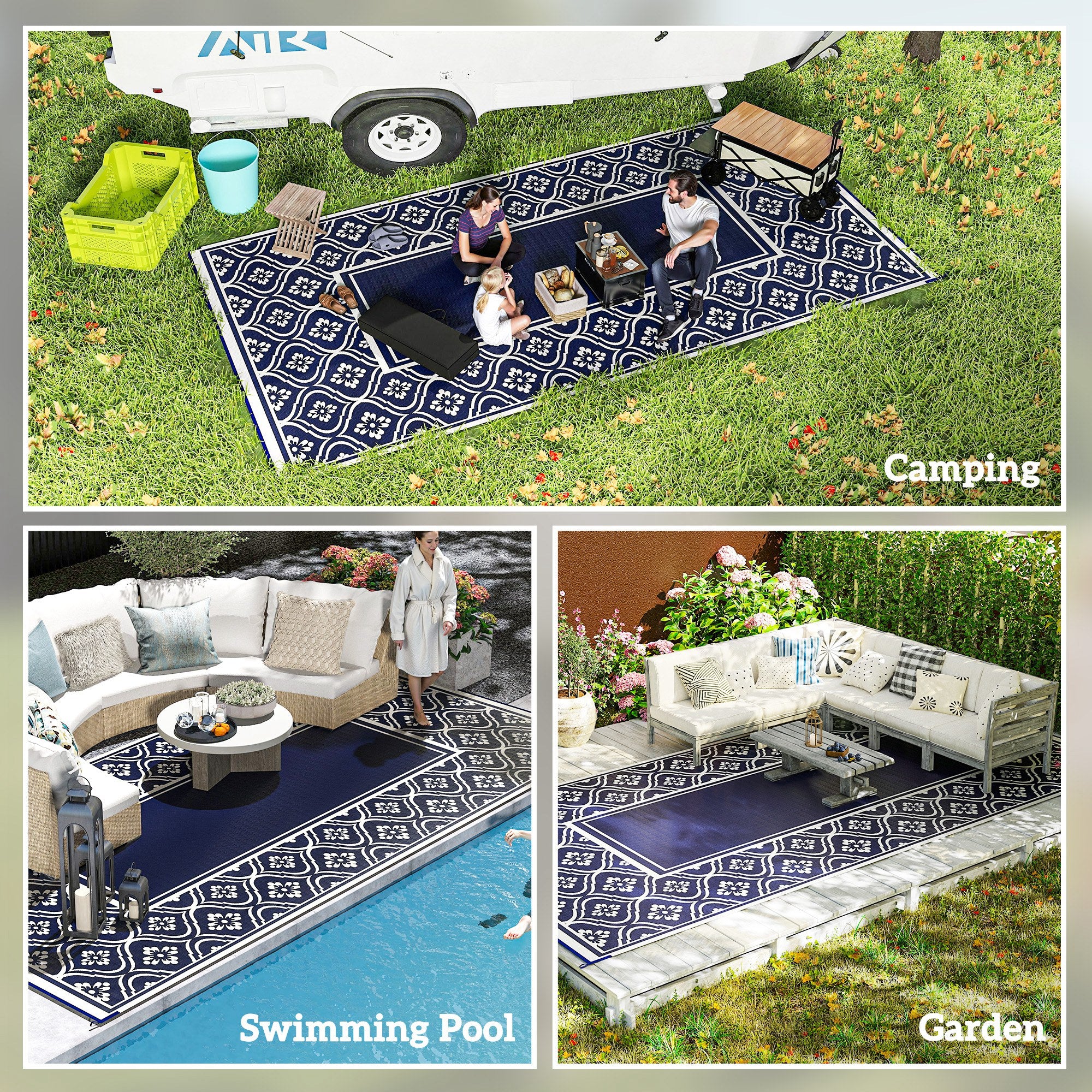9' x 18' Patio Reversible Outdoor RV Rug with Carry Bag, Gourd Border, White & Blue - Image 7