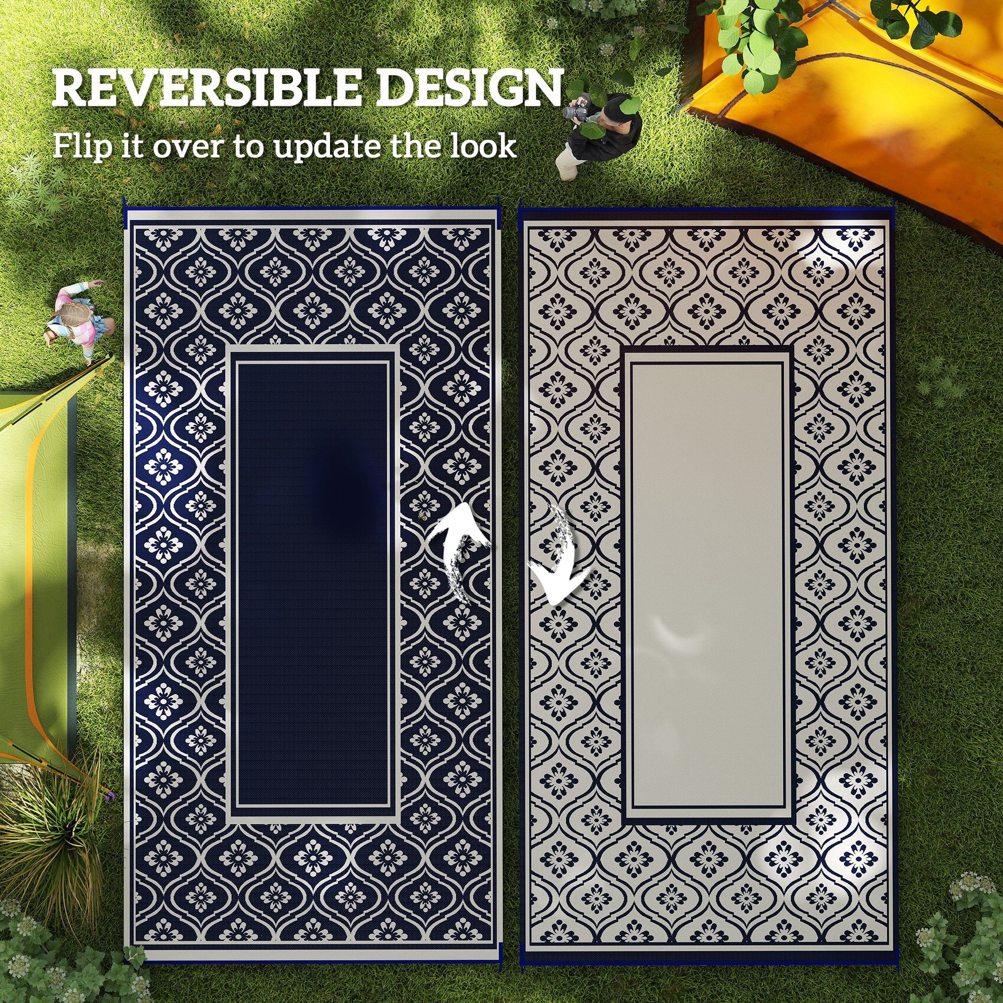 9' x 18' Patio Reversible Outdoor RV Rug with Carry Bag, Gourd Border, White & Blue - Image 9