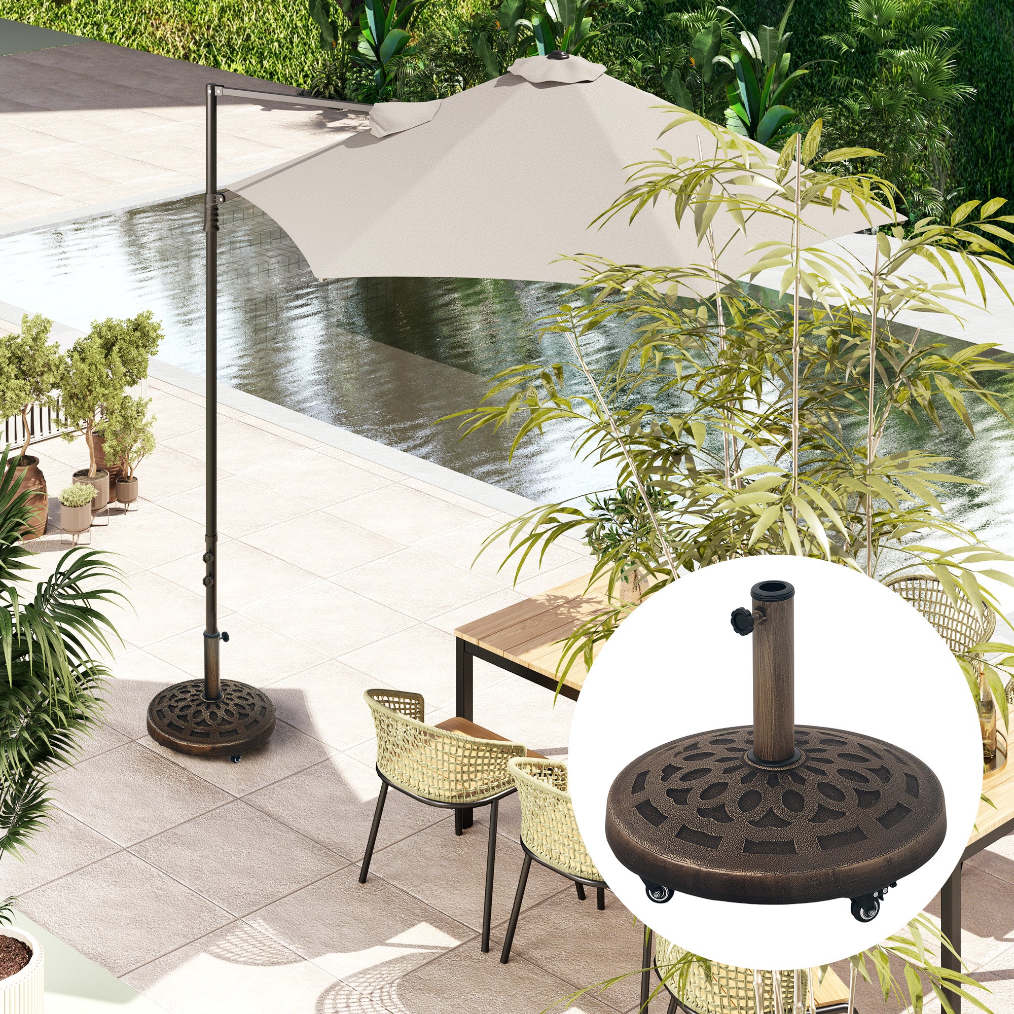46lb Resin Round Umbrella Stand with Wheels, for 1.3"/1.5"/1.9" Poles, Bronze - Image 11