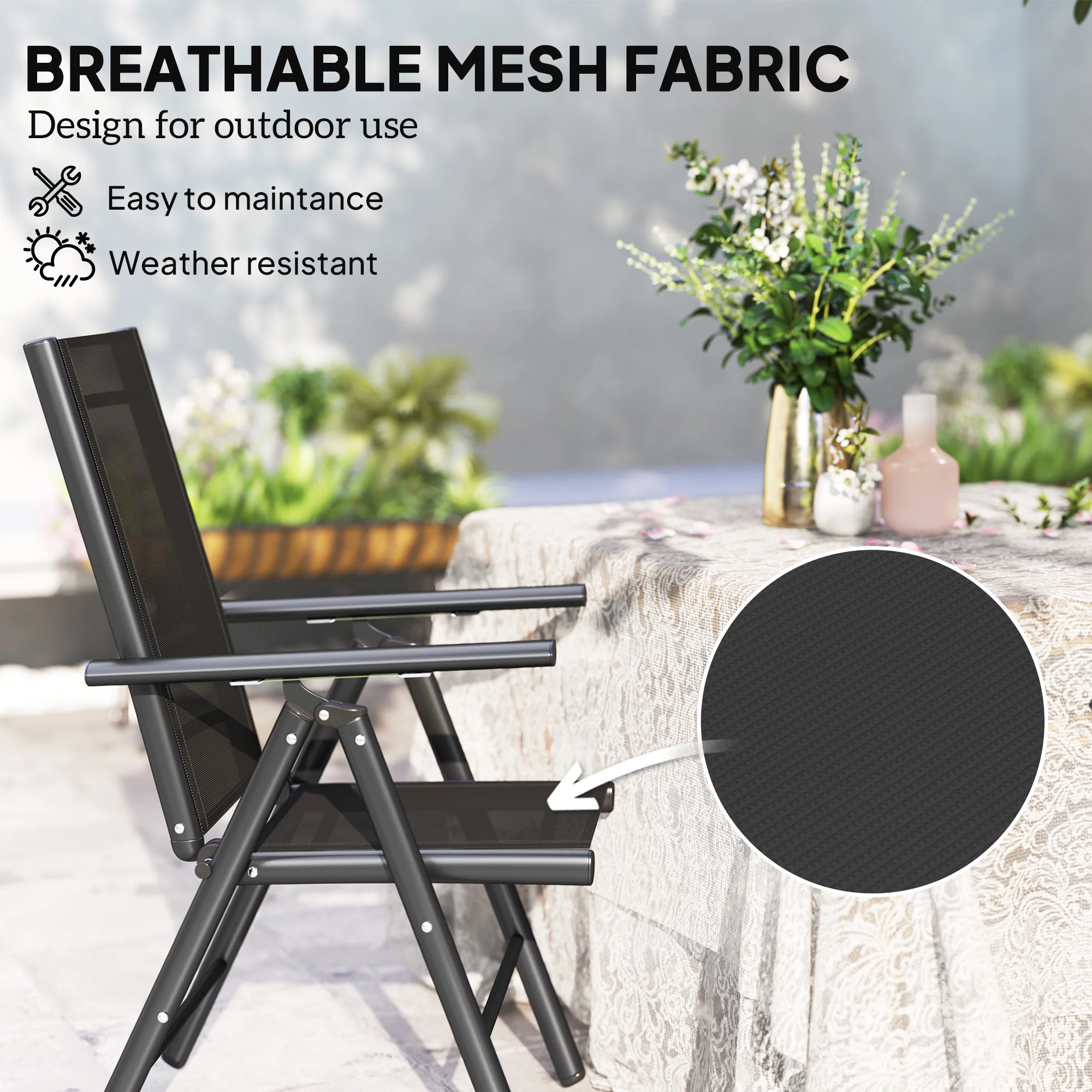 Set of 2 Aluminium Frame Folding Chair with Breathable Mesh Back and Seat, Black - Image 7