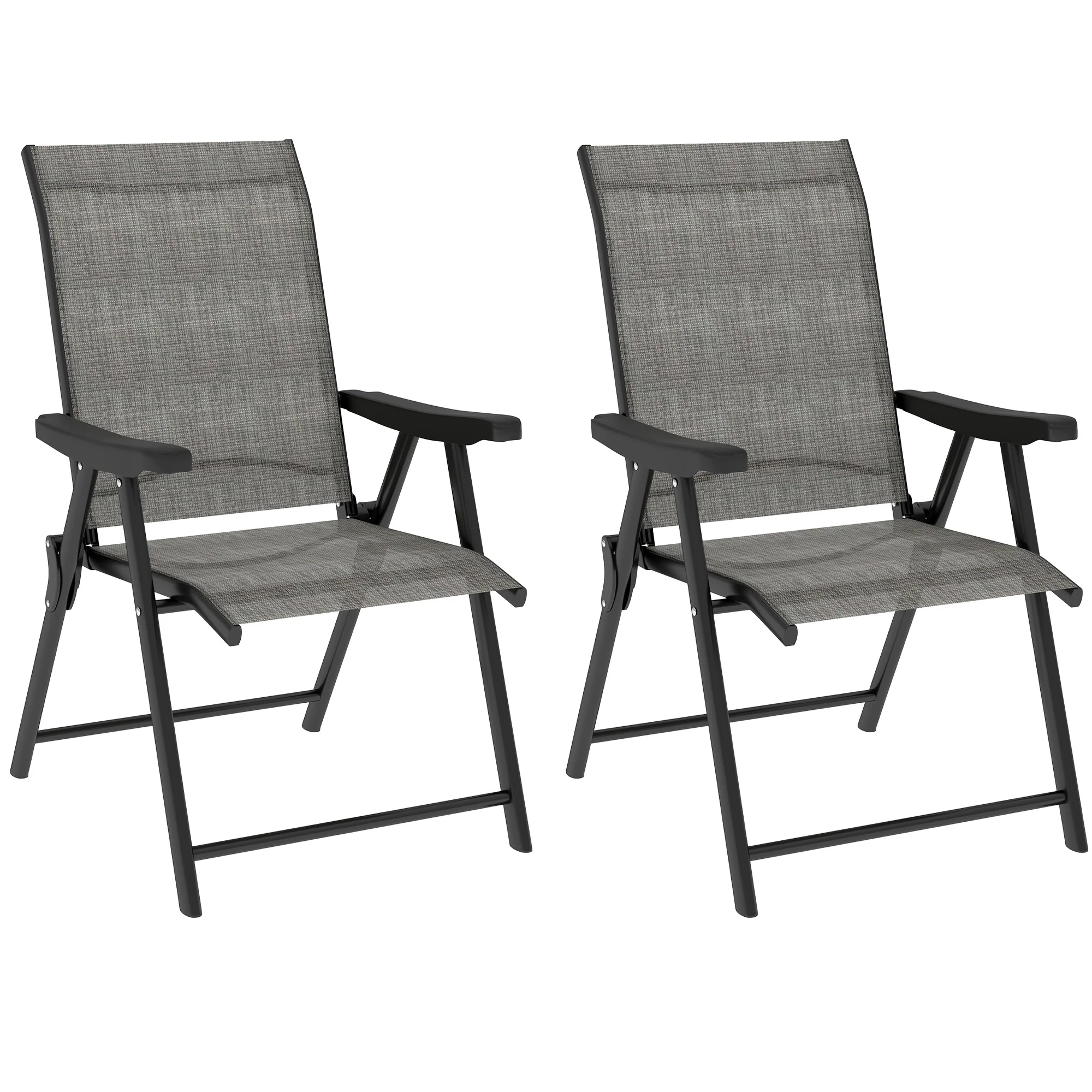 Set of 2 Folding Chair, Garden Chair Set with Breathable Mesh Back and Seat, Outdoor Camping Chairs with Armrests, Steel Frame for Deck Balcony, Black and Grey - Image 12