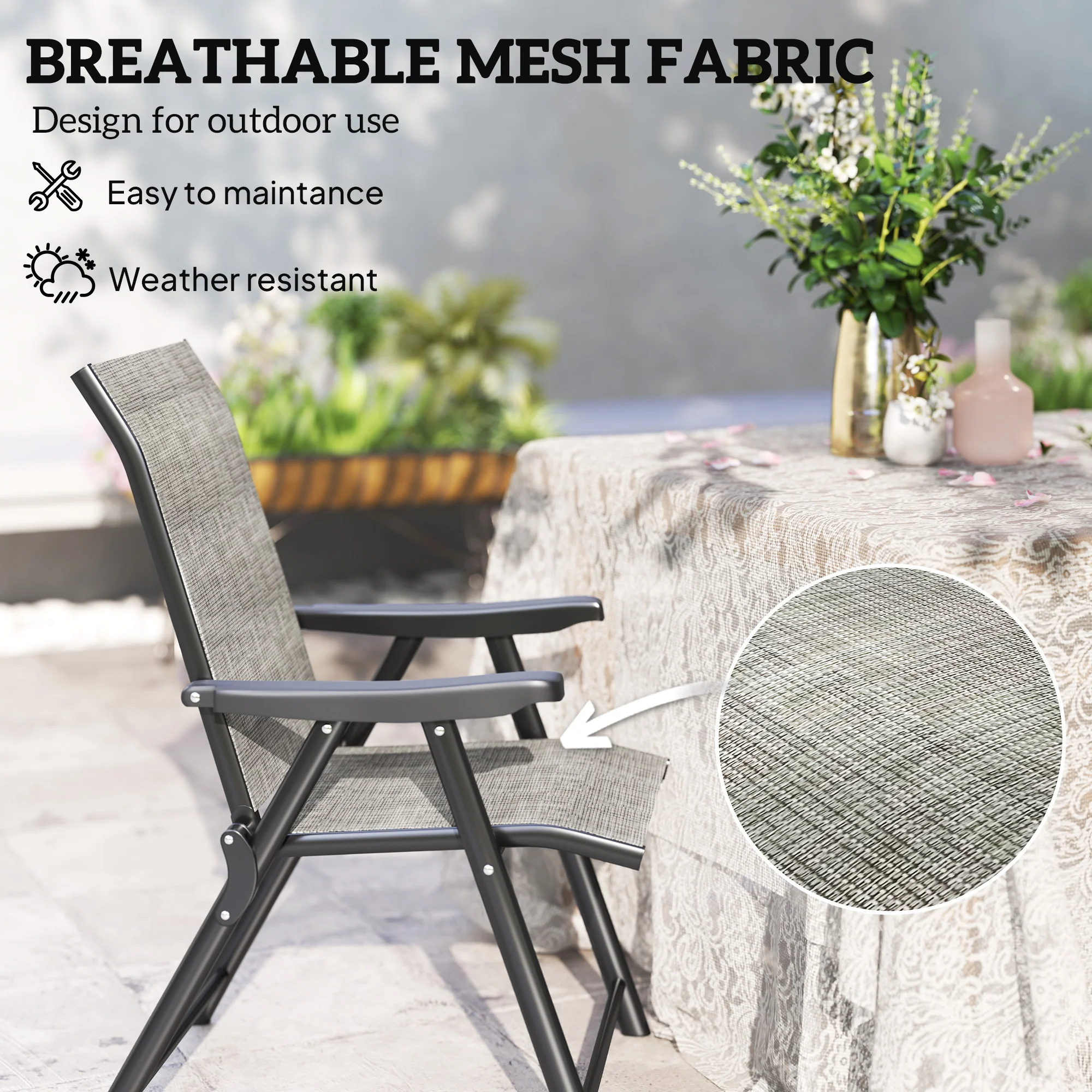Set of 2 Folding Chair, Garden Chair Set with Breathable Mesh Back and Seat, Outdoor Camping Chairs with Armrests, Steel Frame for Deck Balcony, Black and Grey - Image 6