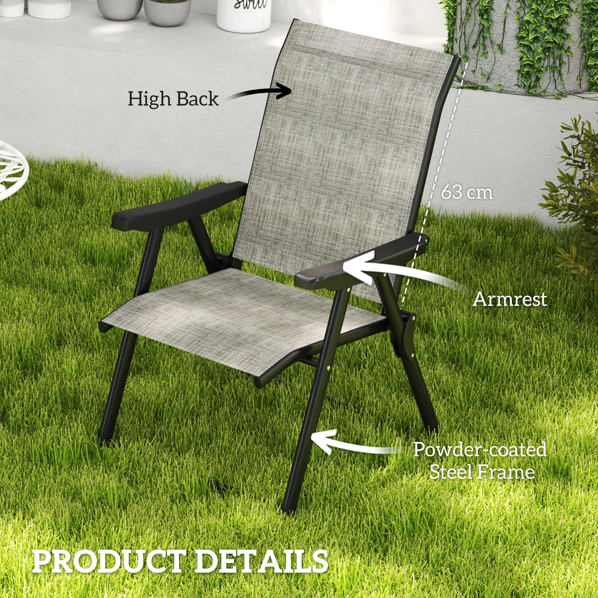 Set of 2 Folding Chair, Garden Chair Set with Breathable Mesh Back and Seat, Outdoor Camping Chairs with Armrests, Steel Frame for Deck Balcony, Black and Grey - Image 8