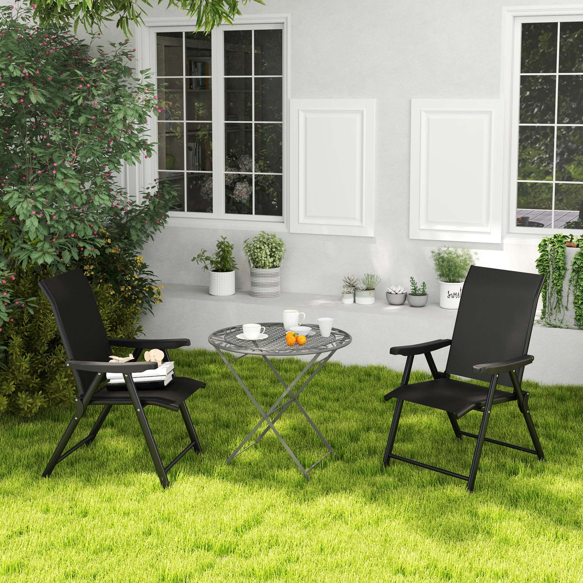 Set of 2 Folding Chair, Garden Chair Set with Breathable Mesh Back and Seat, Outdoor Camping Chairs with Armrests, Steel Frame for Deck Balcony, Black - Image 11