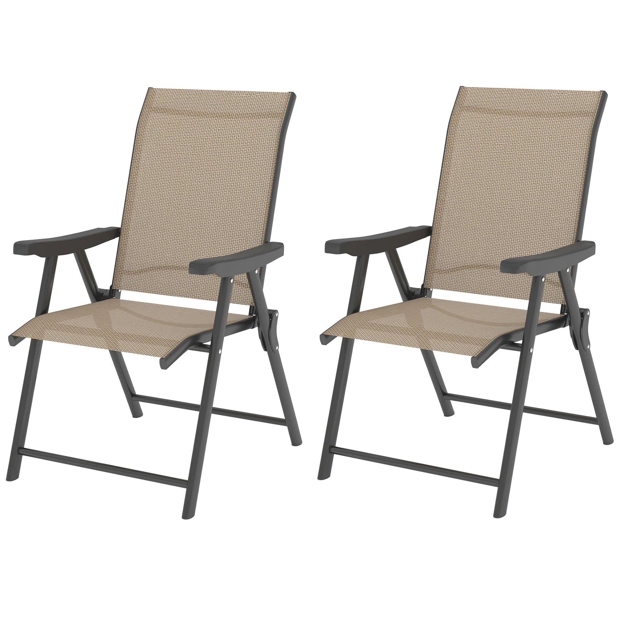 Set of 2 Folding Chair, Garden Chair Set with Breathable Mesh Back and Seat, Outdoor Camping Chairs with Armrests, Steel Frame for Deck Balcony, Brown - Image 2