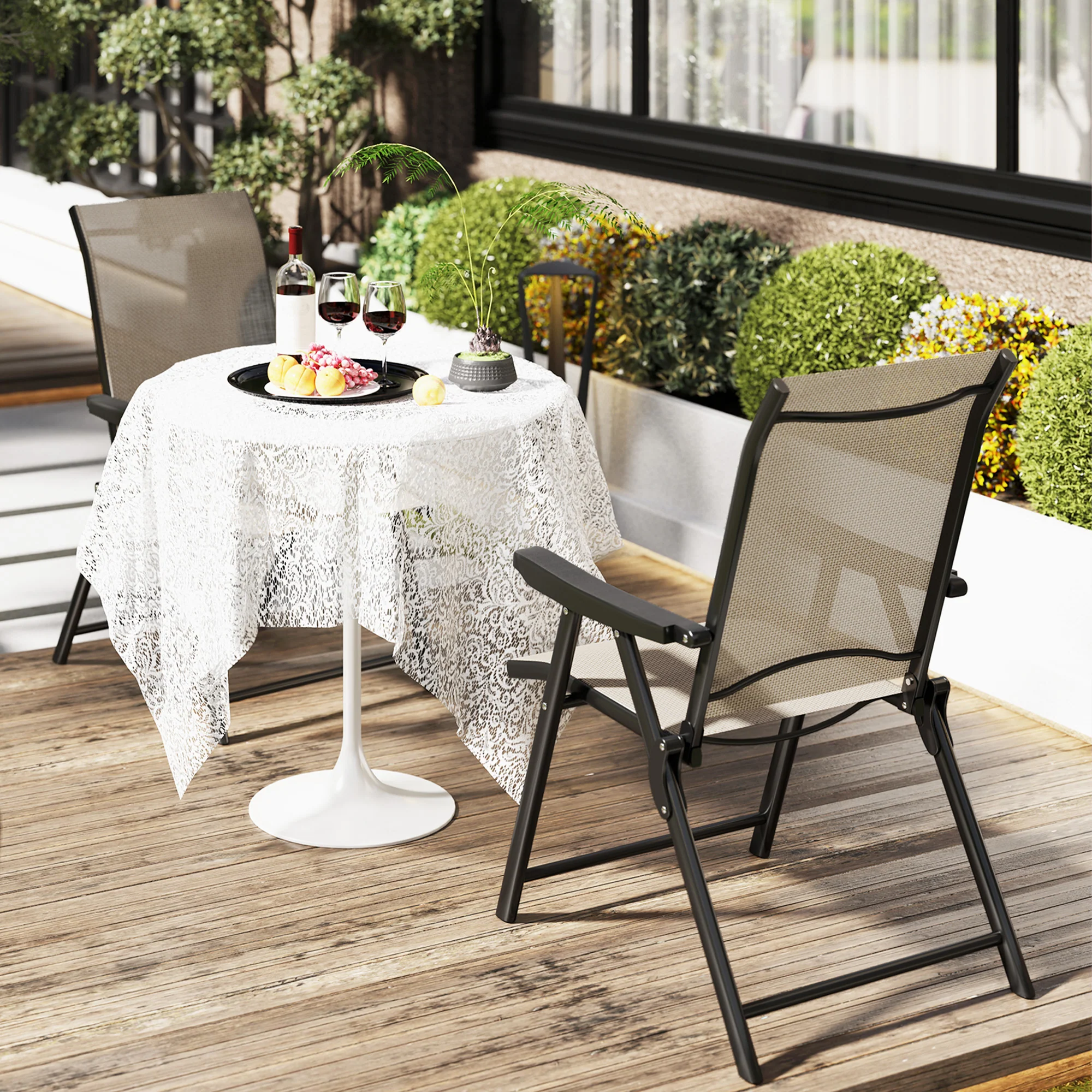 Set of 2 Folding Chair, Garden Chair Set with Breathable Mesh Back and Seat, Outdoor Camping Chairs with Armrests, Steel Frame for Deck Balcony, Brown - Image 4