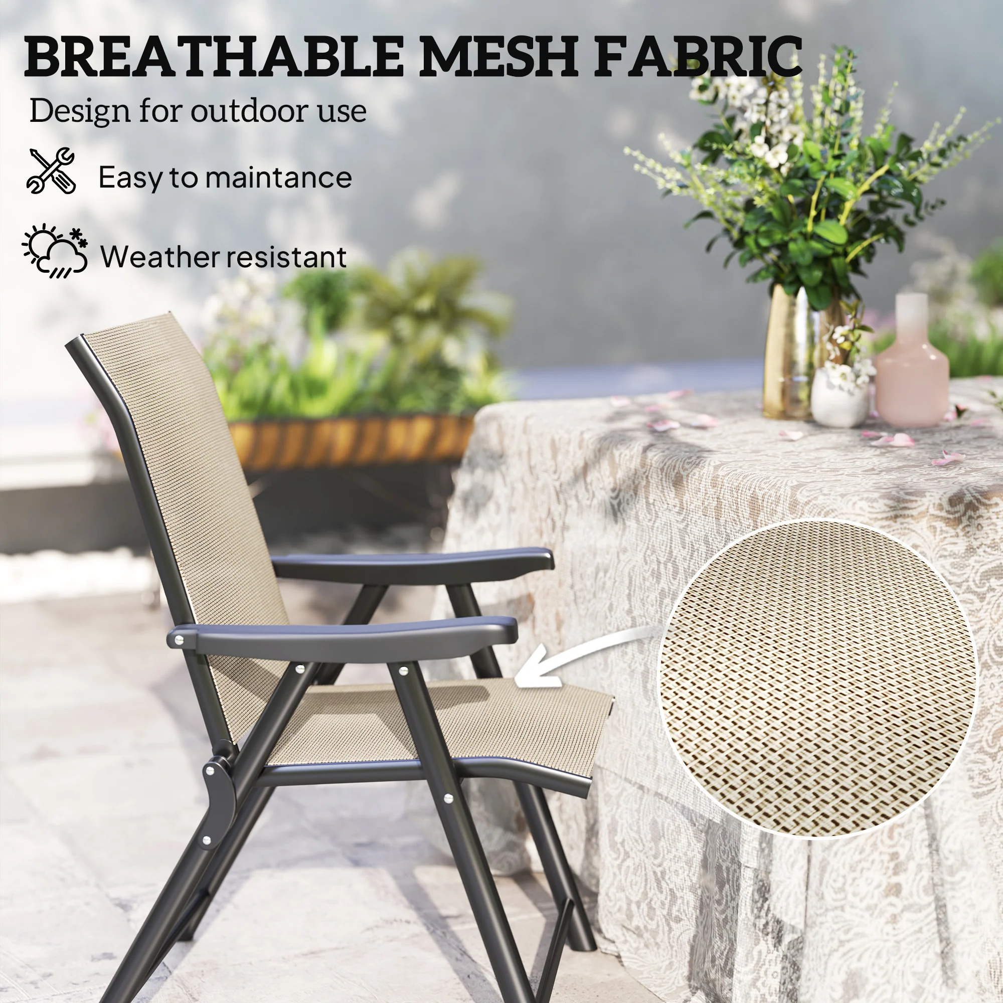 Set of 2 Folding Chair, Garden Chair Set with Breathable Mesh Back and Seat, Outdoor Camping Chairs with Armrests, Steel Frame for Deck Balcony, Brown - Image 6