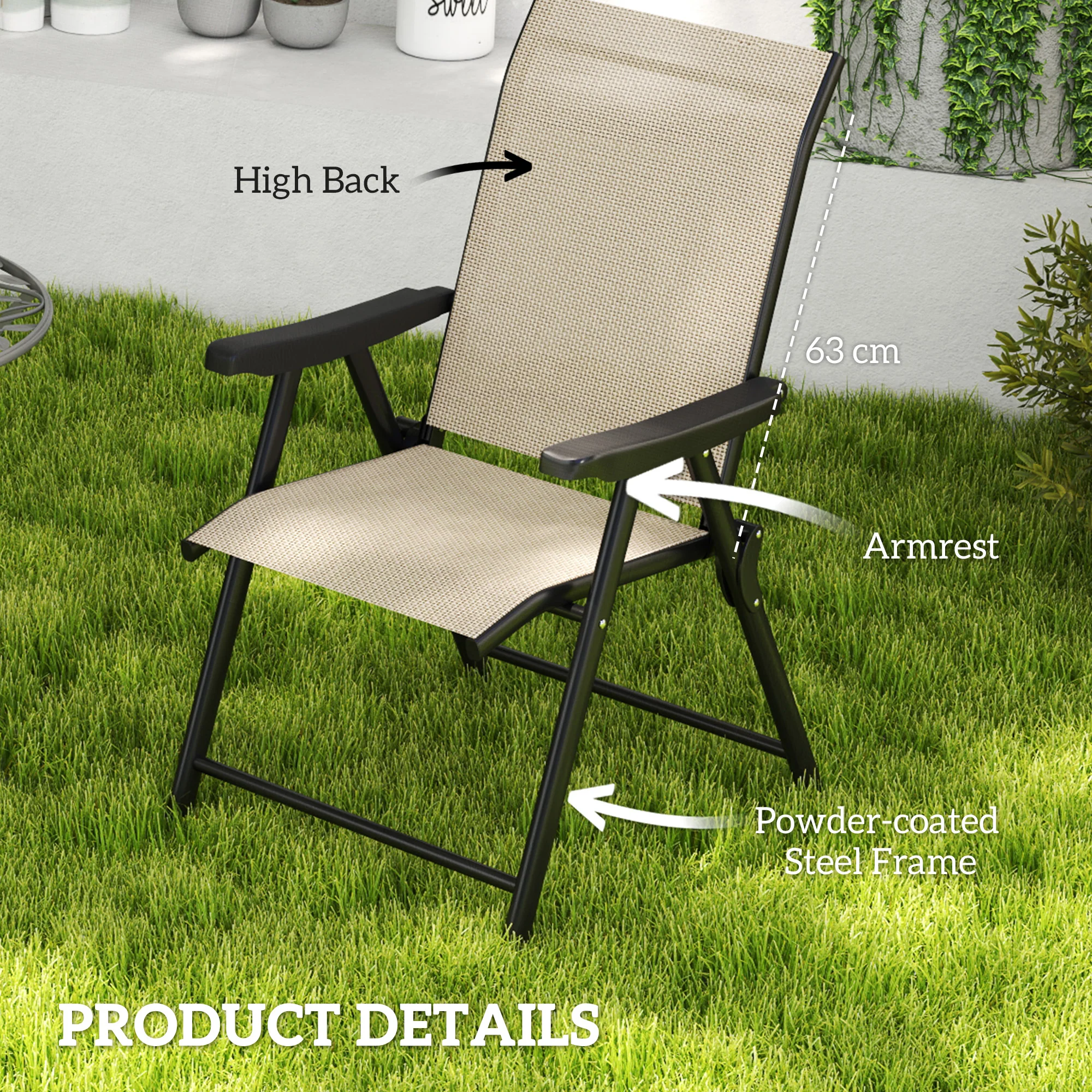Set of 2 Folding Chair, Garden Chair Set with Breathable Mesh Back and Seat, Outdoor Camping Chairs with Armrests, Steel Frame for Deck Balcony, Brown - Image 8