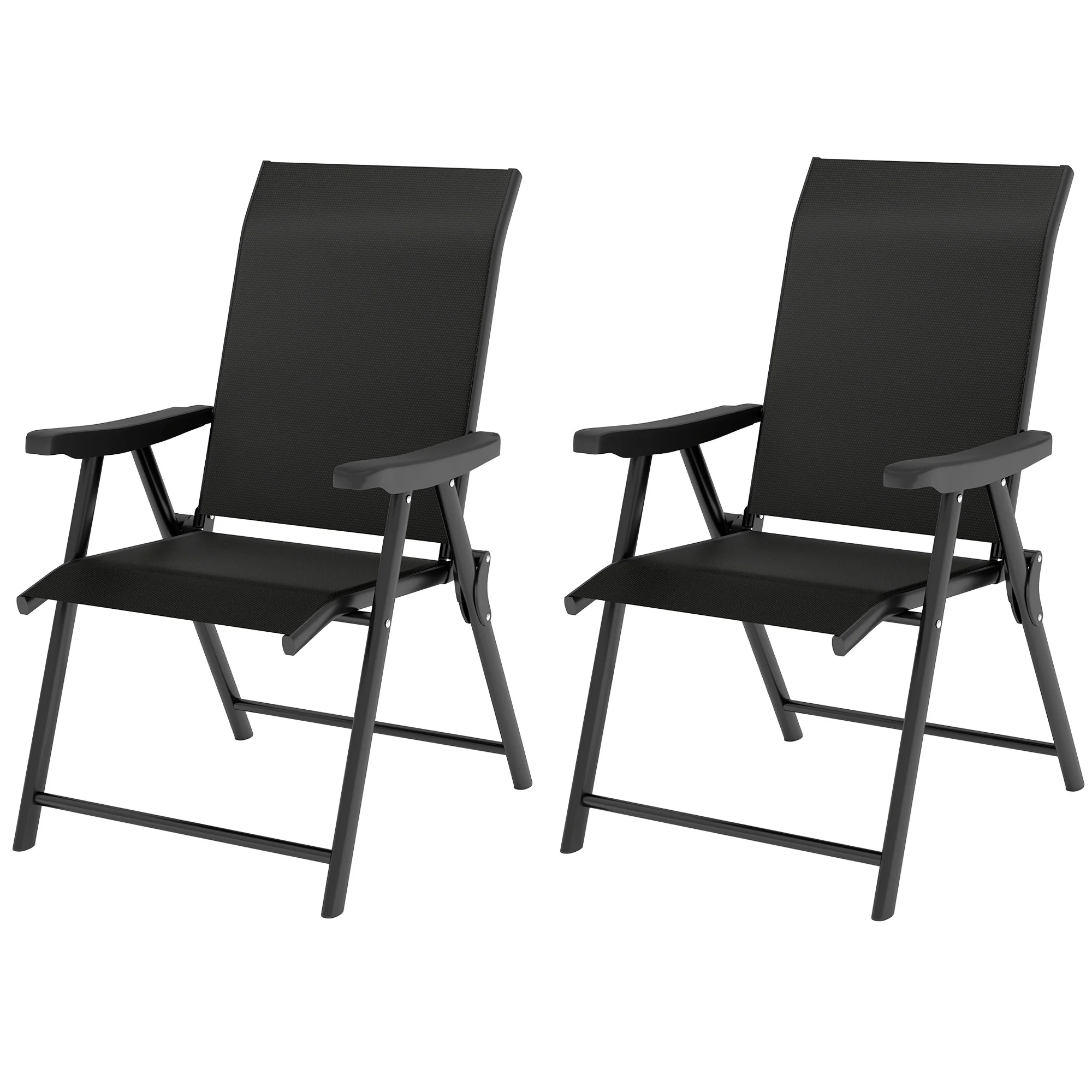 Set of 2 Folding Chair, Garden Chair Set with Breathable Mesh Back and Seat, Outdoor Camping Chairs with Armrests, Steel Frame for Deck Balcony, Black - Image 2