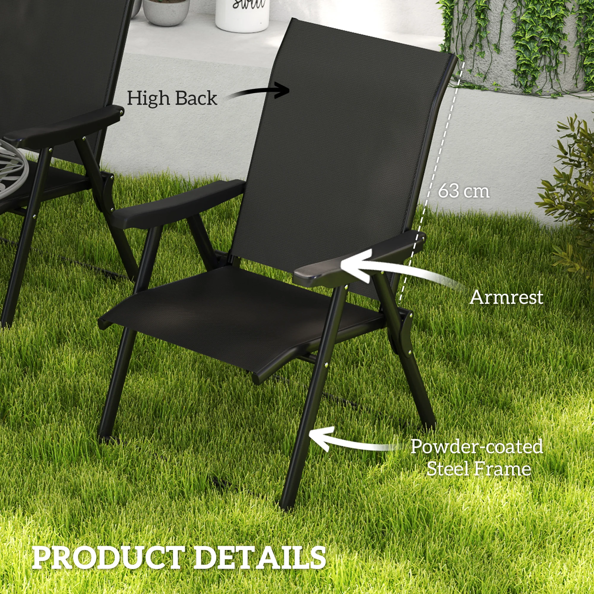 Set of 2 Folding Chair, Garden Chair Set with Breathable Mesh Back and Seat, Outdoor Camping Chairs with Armrests, Steel Frame for Deck Balcony, Black - Image 8
