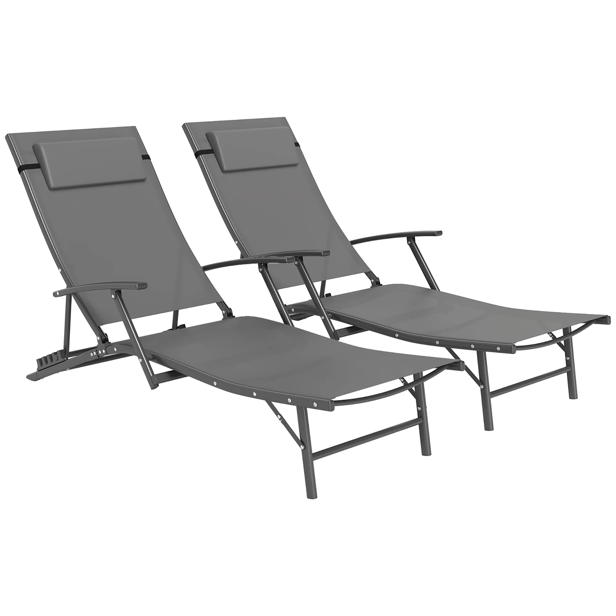 Set of 2 Chaise Folding Tanning Chair with Pillow, Outdoor Sun Lounger for Patio, Grey