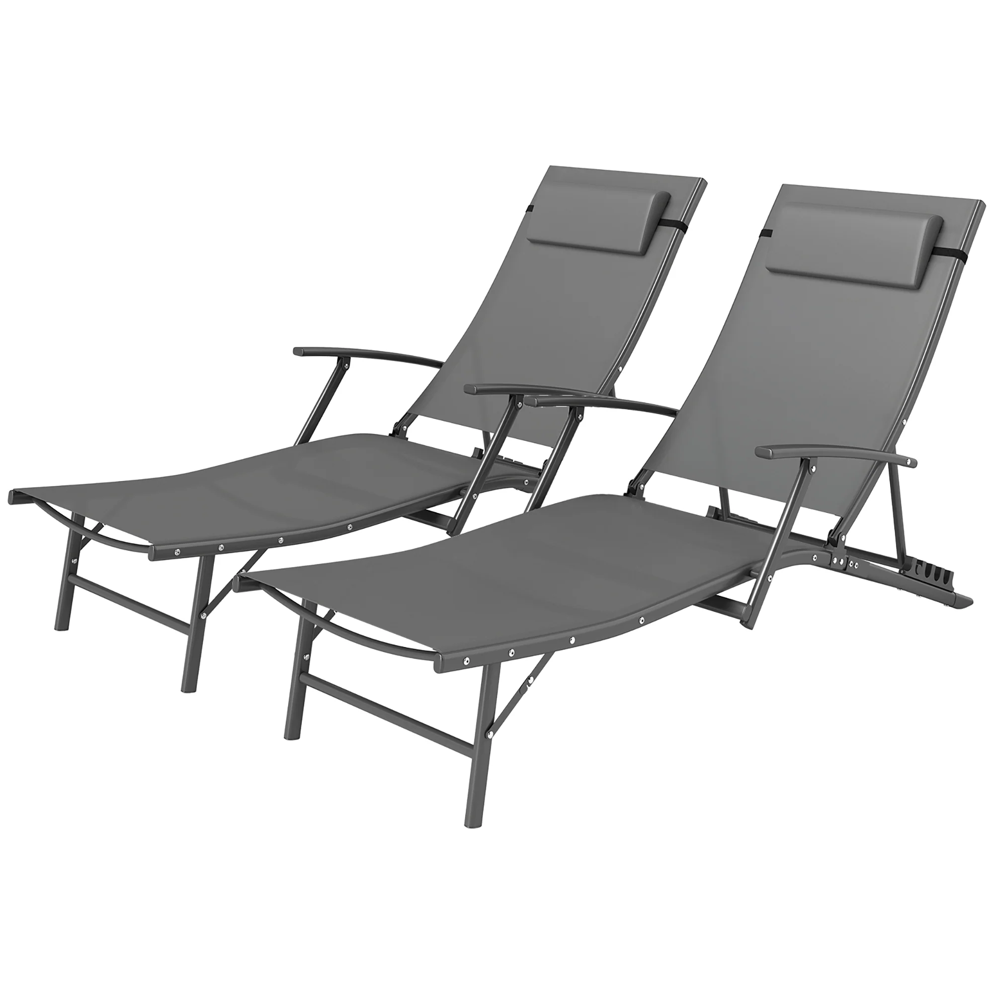 Set of 2 Chaise Folding Tanning Chair with Pillow, Outdoor Sun Lounger for Patio, Grey - Image 2