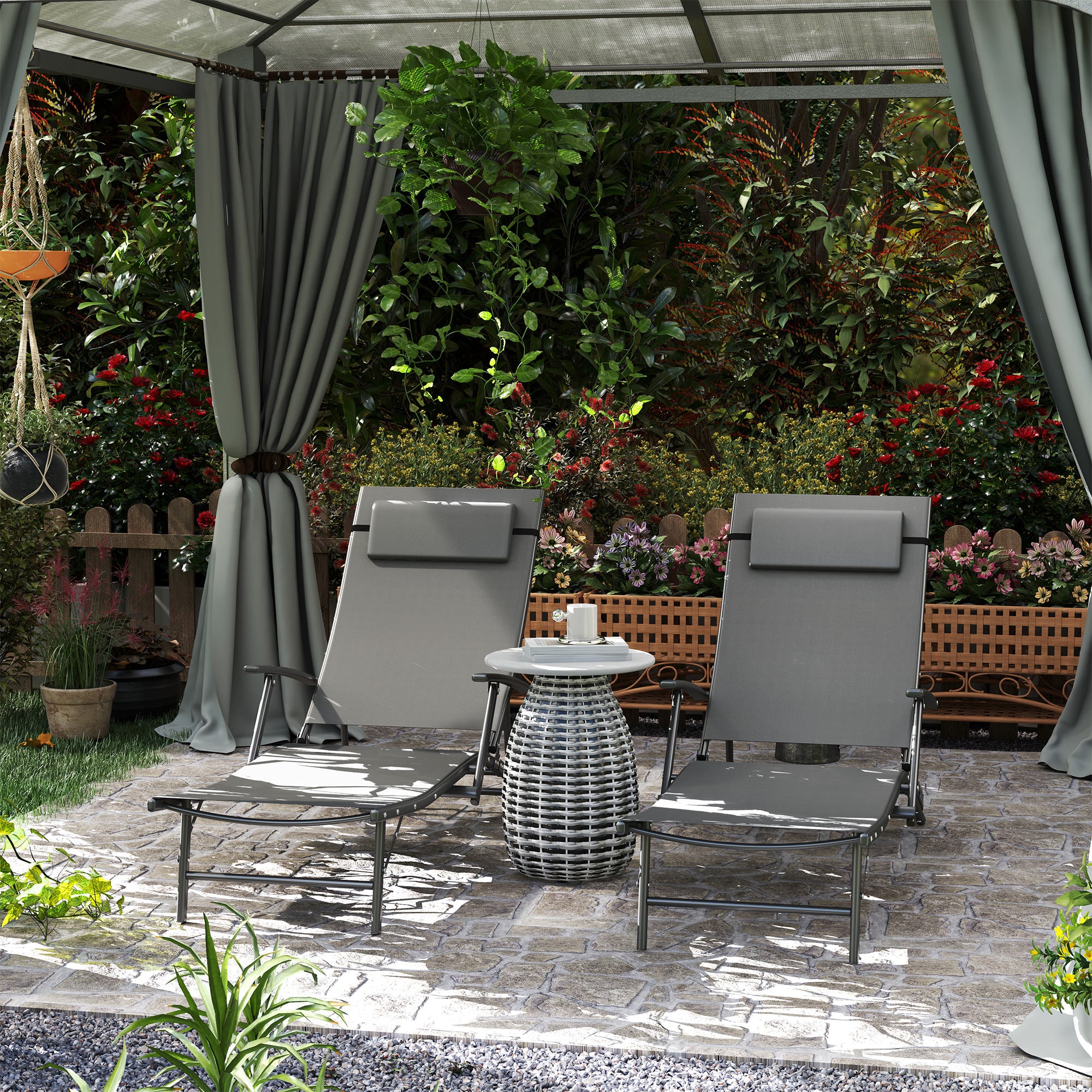 Set of 2 Chaise Folding Tanning Chair with Pillow, Outdoor Sun Lounger for Patio, Grey - Image 3