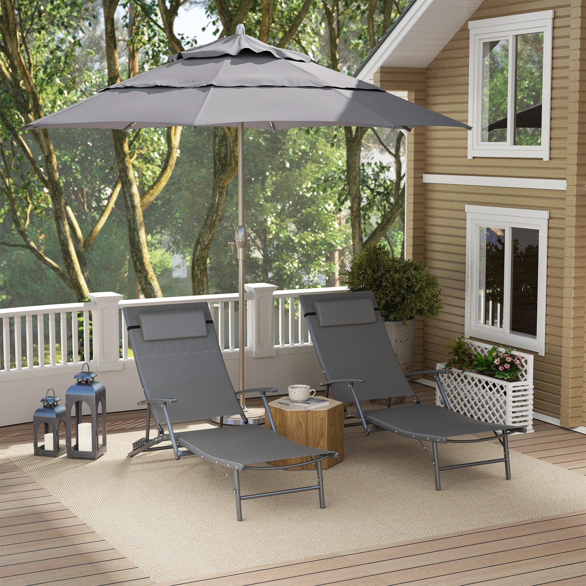Set of 2 Chaise Folding Tanning Chair with Pillow, Outdoor Sun Lounger for Patio, Grey - Image 4