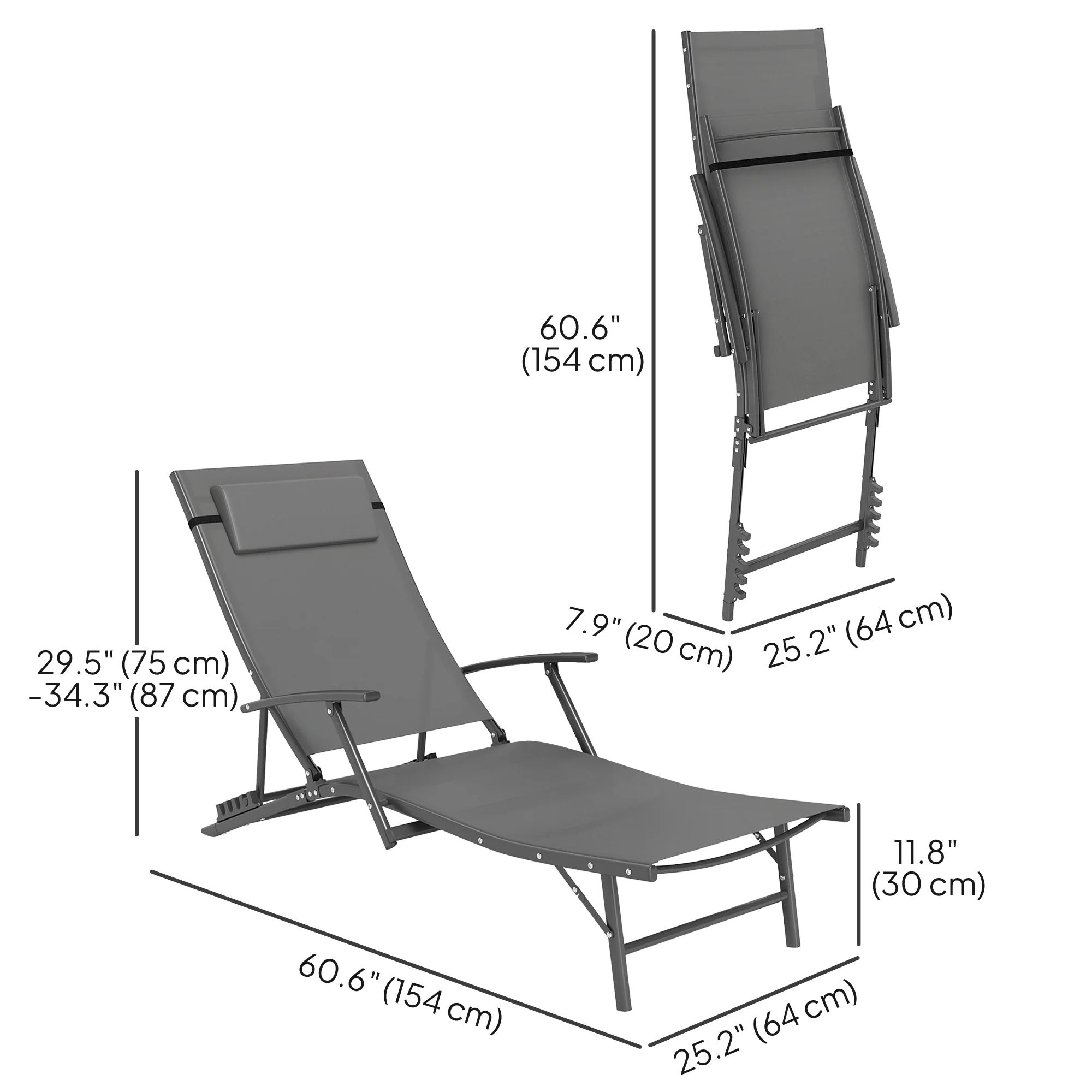 Set of 2 Chaise Folding Tanning Chair with Pillow, Outdoor Sun Lounger for Patio, Grey - Image 5