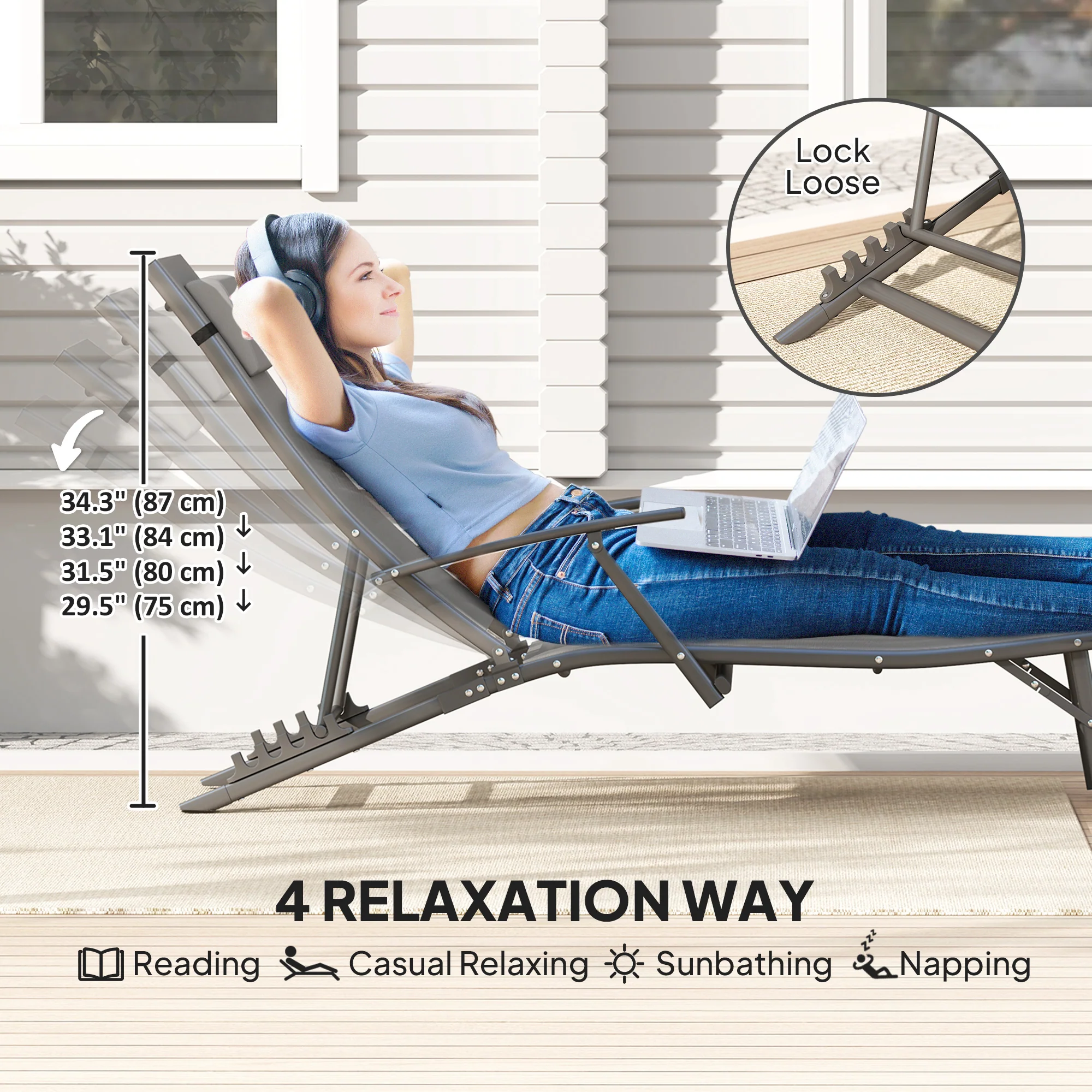 Set of 2 Chaise Folding Tanning Chair with Pillow, Outdoor Sun Lounger for Patio, Grey - Image 6