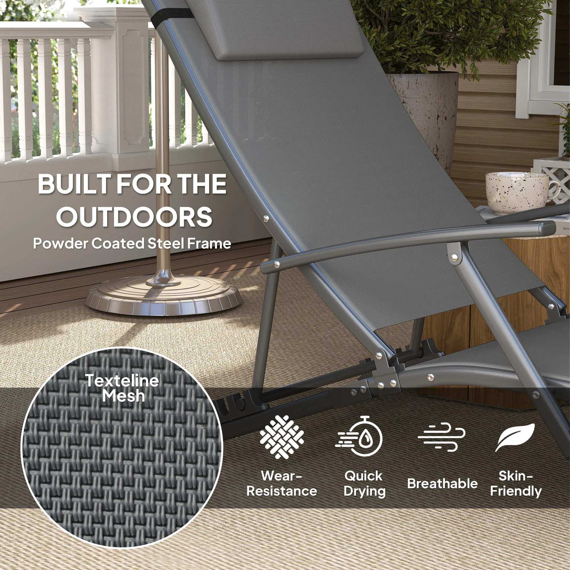 Set of 2 Chaise Folding Tanning Chair with Pillow, Outdoor Sun Lounger for Patio, Grey - Image 7