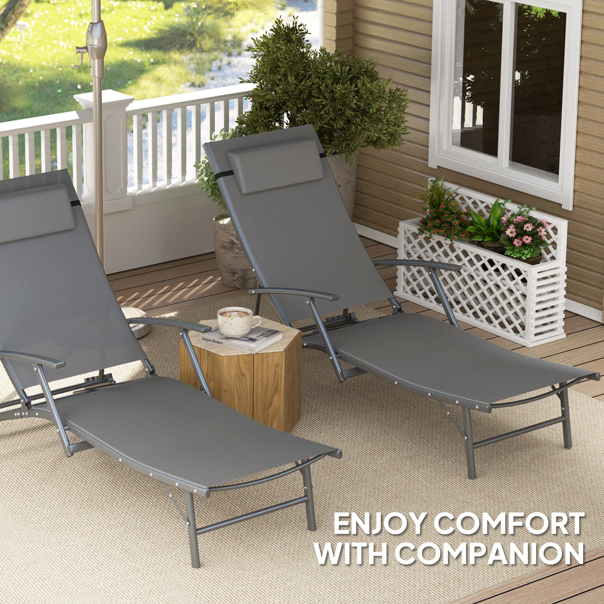 Set of 2 Chaise Folding Tanning Chair with Pillow, Outdoor Sun Lounger for Patio, Grey - Image 8