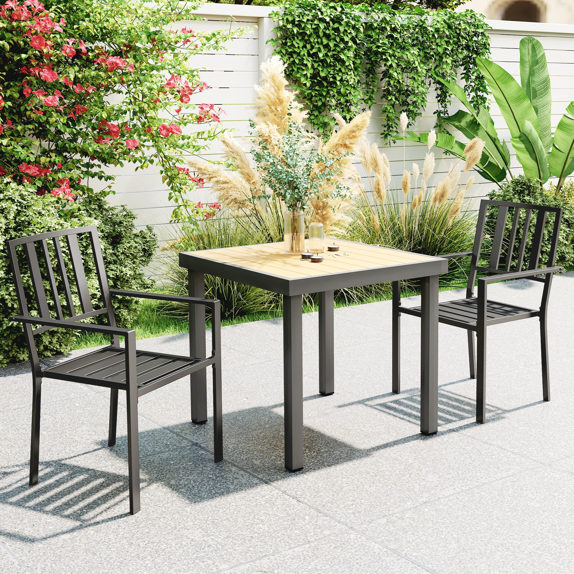Set of 2 Garden Chairs, Stackable Outdoor Chairs with Metal Slatted Seat & Backrest, for Yard, Garden, Black - Image 3