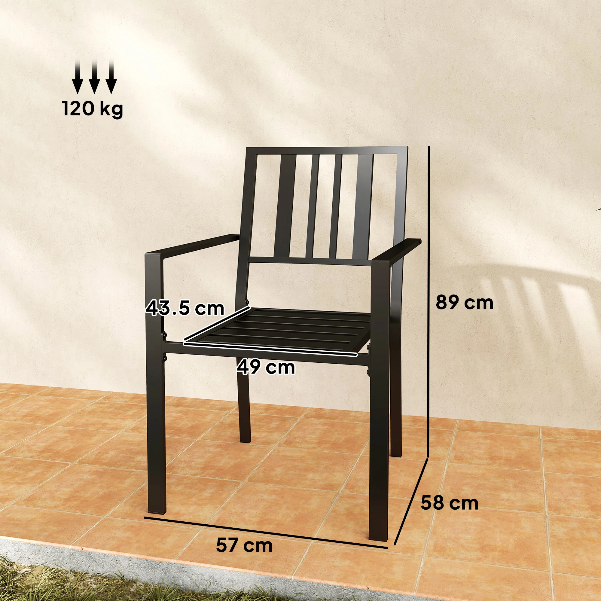 Set of 2 Garden Chairs, Stackable Outdoor Chairs with Metal Slatted Seat & Backrest, for Yard, Garden, Black - Image 5