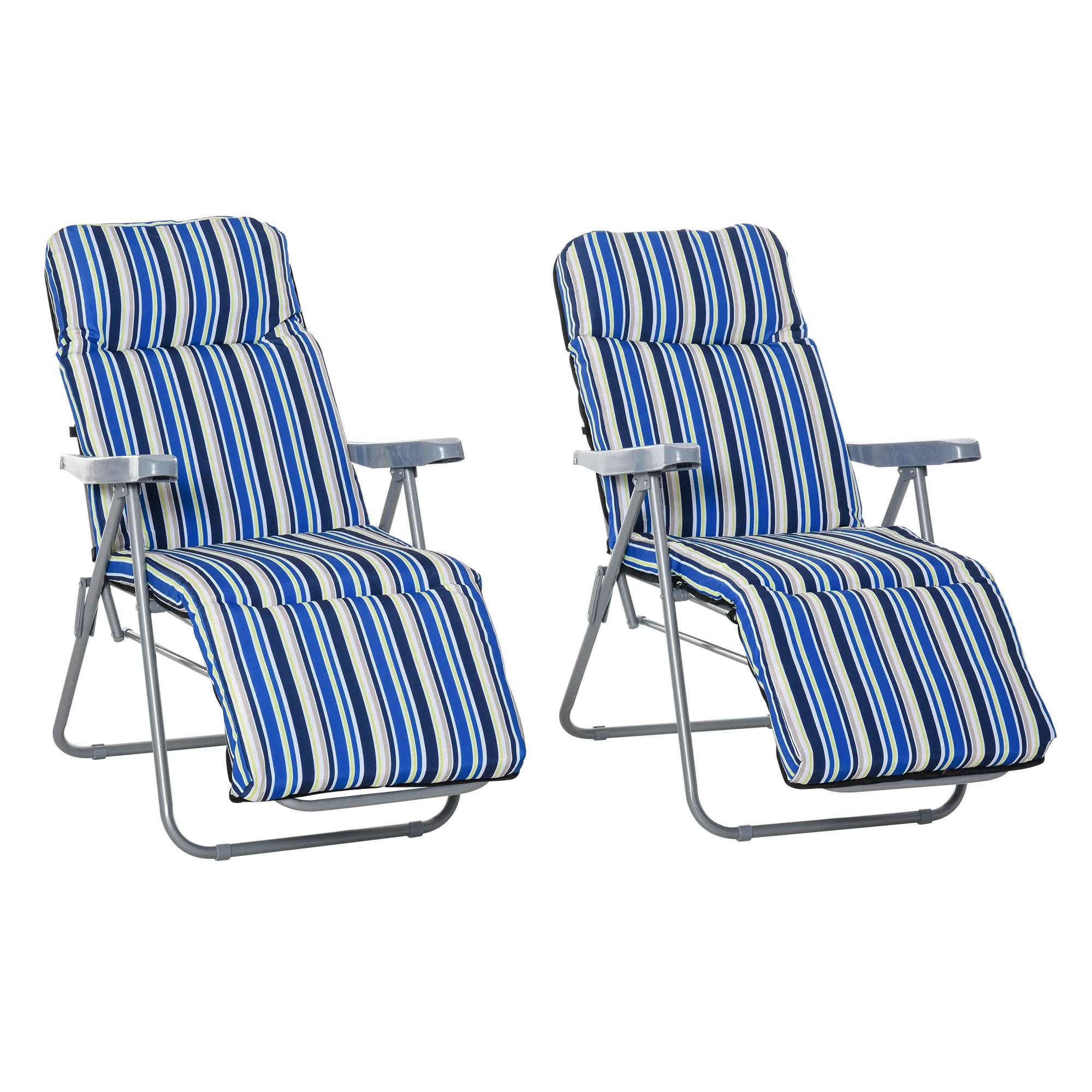 2PC Outdoor Reclining Chair, Foldable Adjustable Recliner w/ Cushioned Seat, Grey & Blue