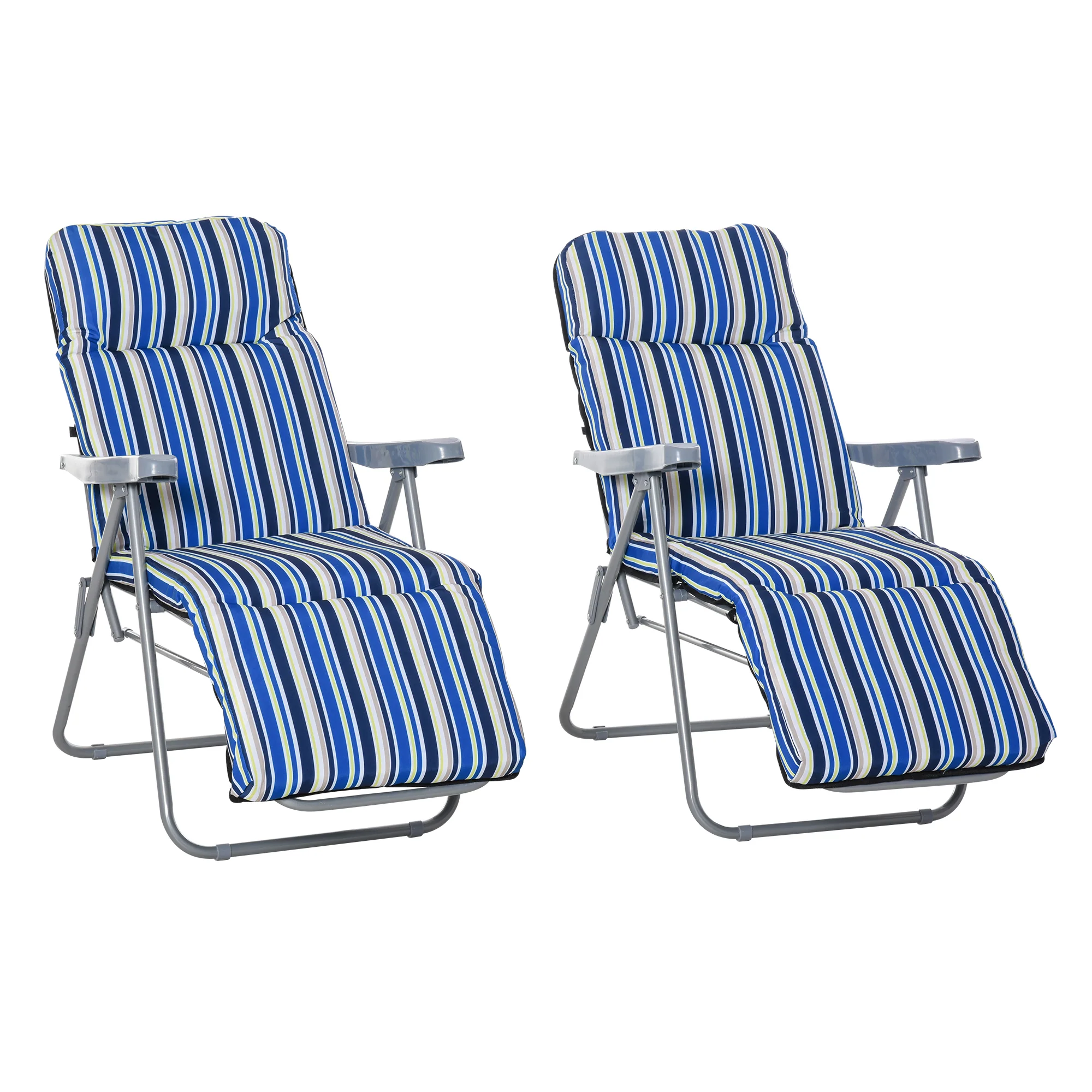 2PC Outdoor Reclining Chair, Foldable Adjustable Recliner w/ Cushioned Seat, Grey & Blue - Image 12