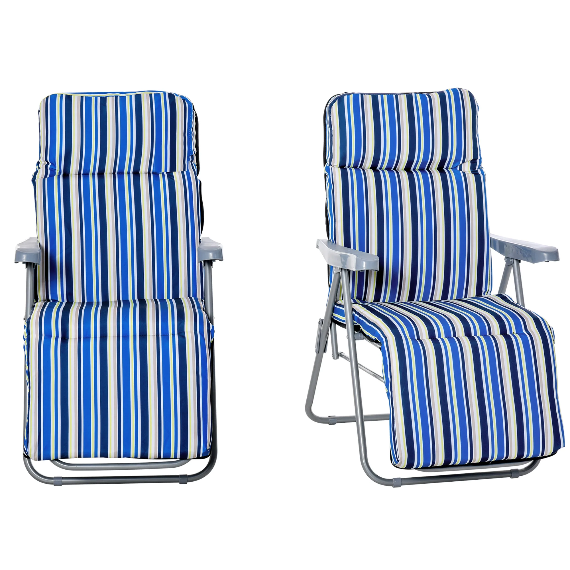 2PC Outdoor Reclining Chair, Foldable Adjustable Recliner w/ Cushioned Seat, Grey & Blue - Image 2