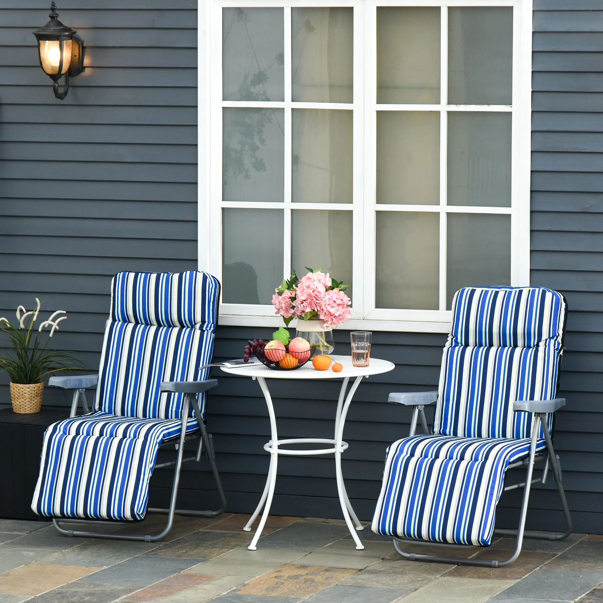 2PC Outdoor Reclining Chair, Foldable Adjustable Recliner w/ Cushioned Seat, Grey & Blue - Image 3