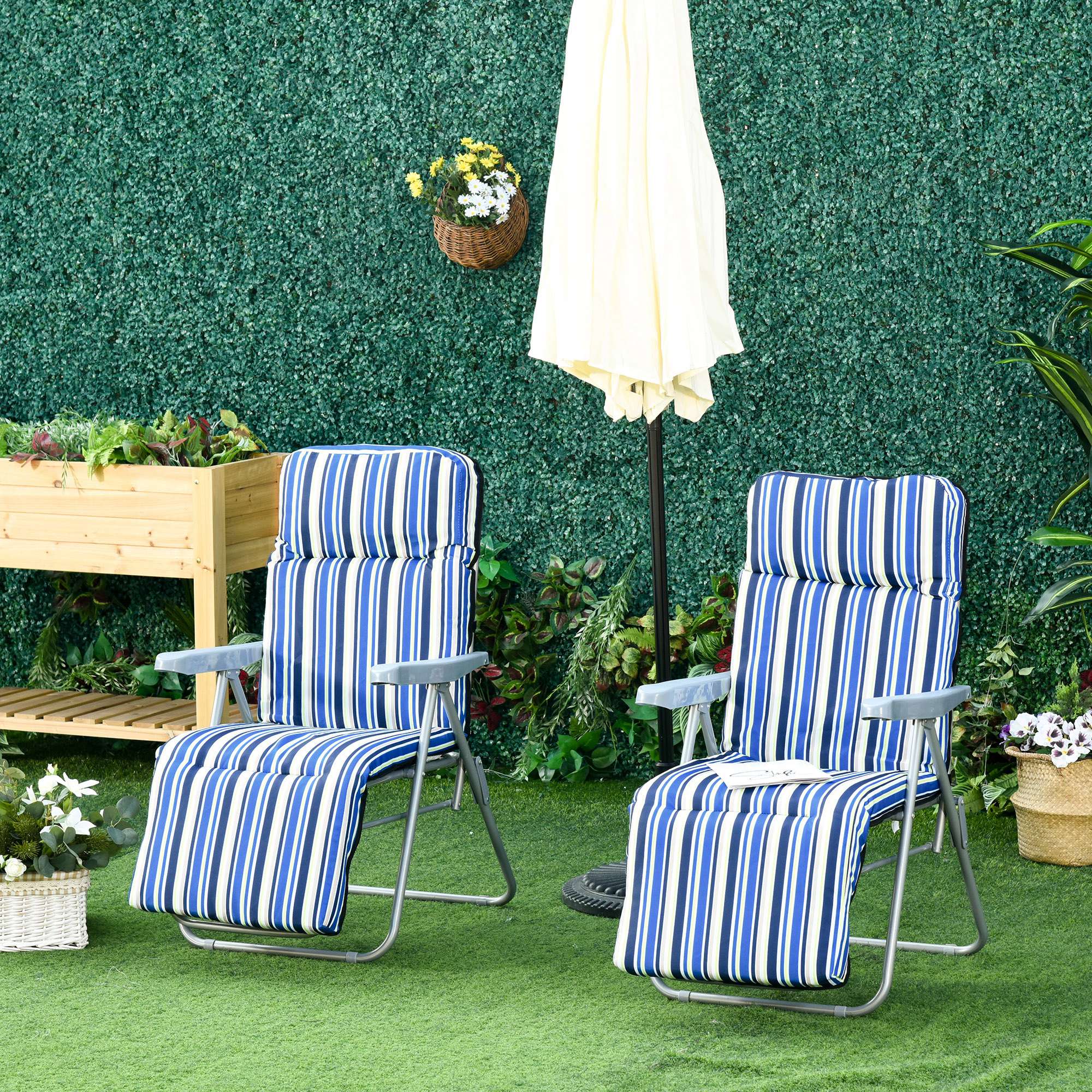 2PC Outdoor Reclining Chair, Foldable Adjustable Recliner w/ Cushioned Seat, Grey & Blue - Image 4